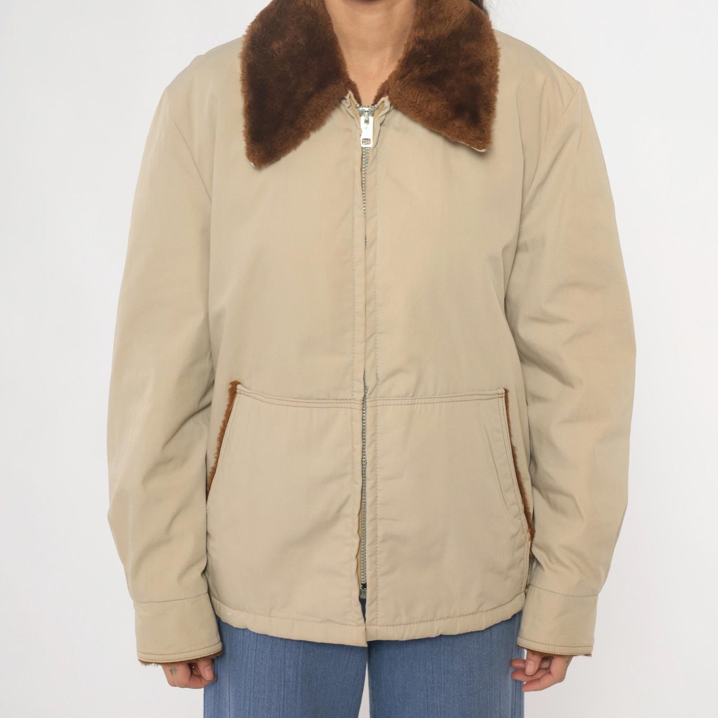80s Weathercastle Bomber Jacket Beige Faux Fur Collar Lined Large