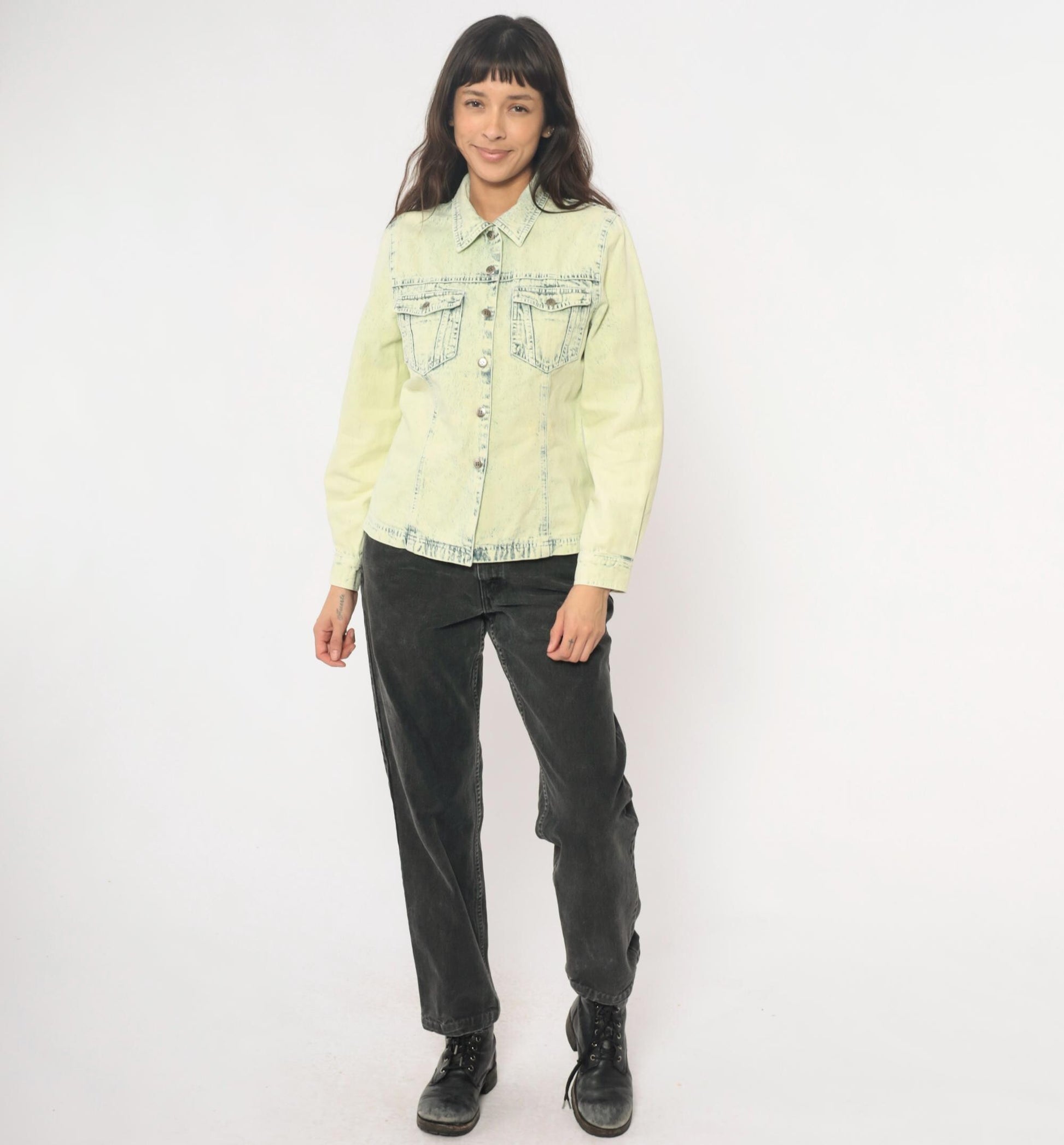 90s Get Together Acid Wash Denim Shirt Yellow Cotton Small