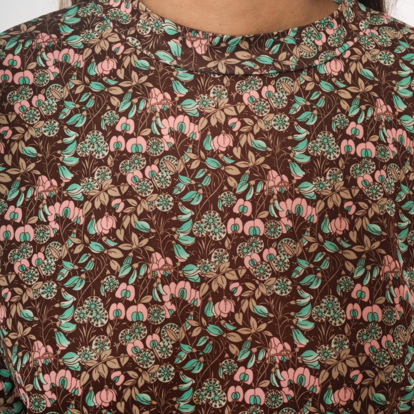 70s Floral Pullover Blouse Brown Pink Mint Crew Neck Long Sleeve Medium