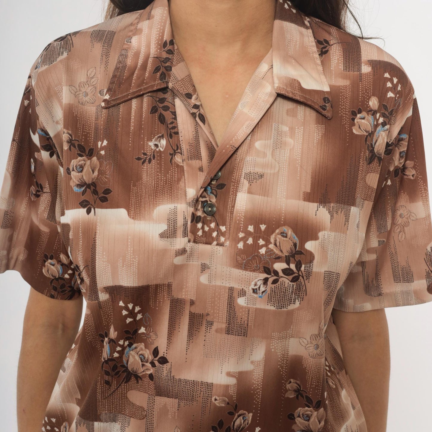 70s Stuart Mann Floral Button-Up Blouse Brown Tan Roses Geometric Medium M