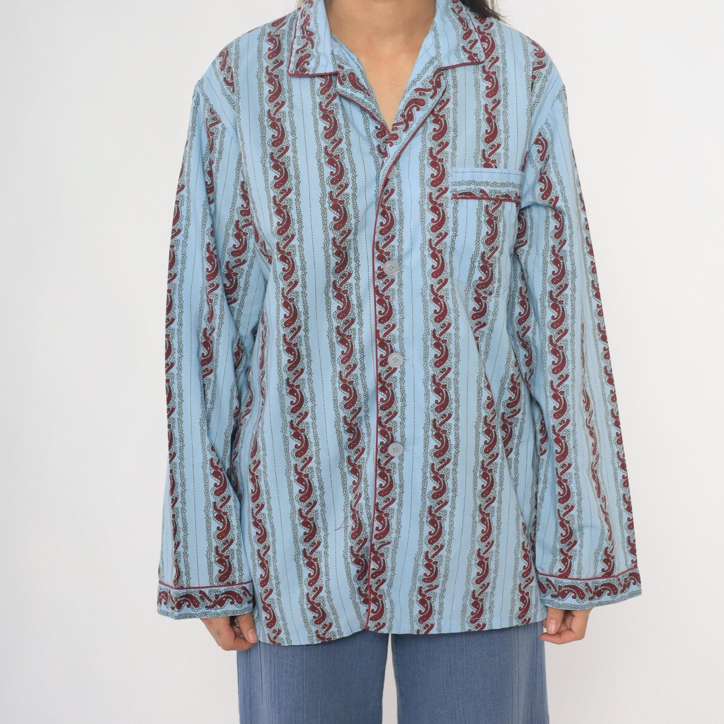 90s Paisley Stripe Pajama Shirt Light Blue Burgundy Cotton Notched Collar Large