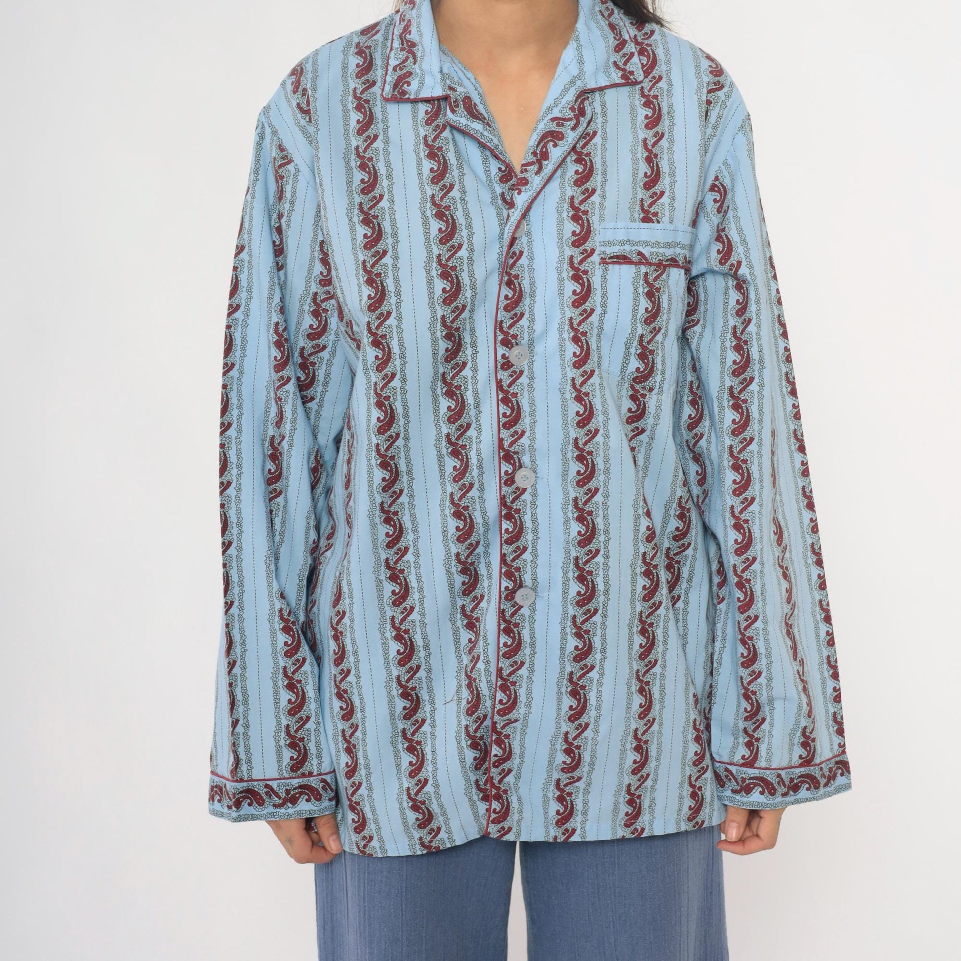 90s Paisley Stripe Pajama Shirt Light Blue Burgundy Cotton Notched Collar Large