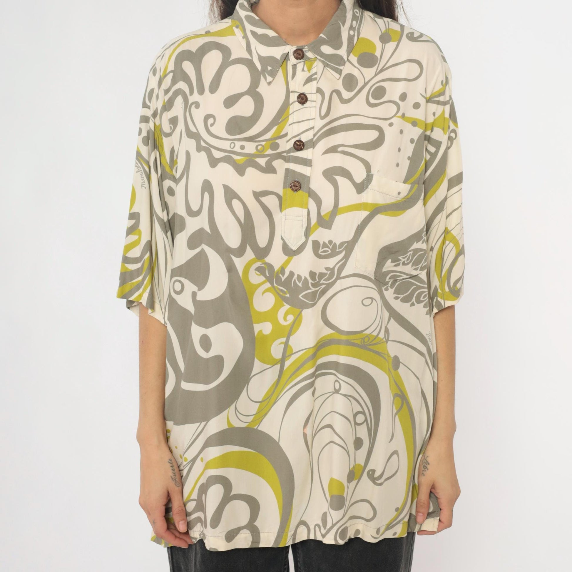 Y2K Manuhealii Psychedelic Swirl Shirt Cream Grey Chartreuse Extra Large XL