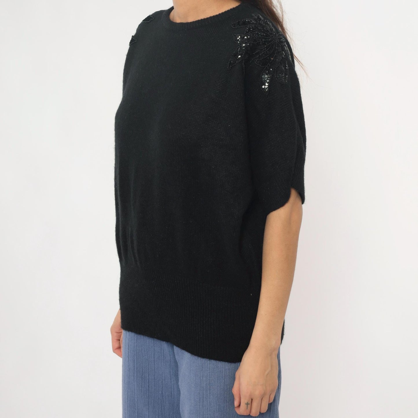 90s Justin B Jones Black Sequin Shoulder Knit Sweater Medium M