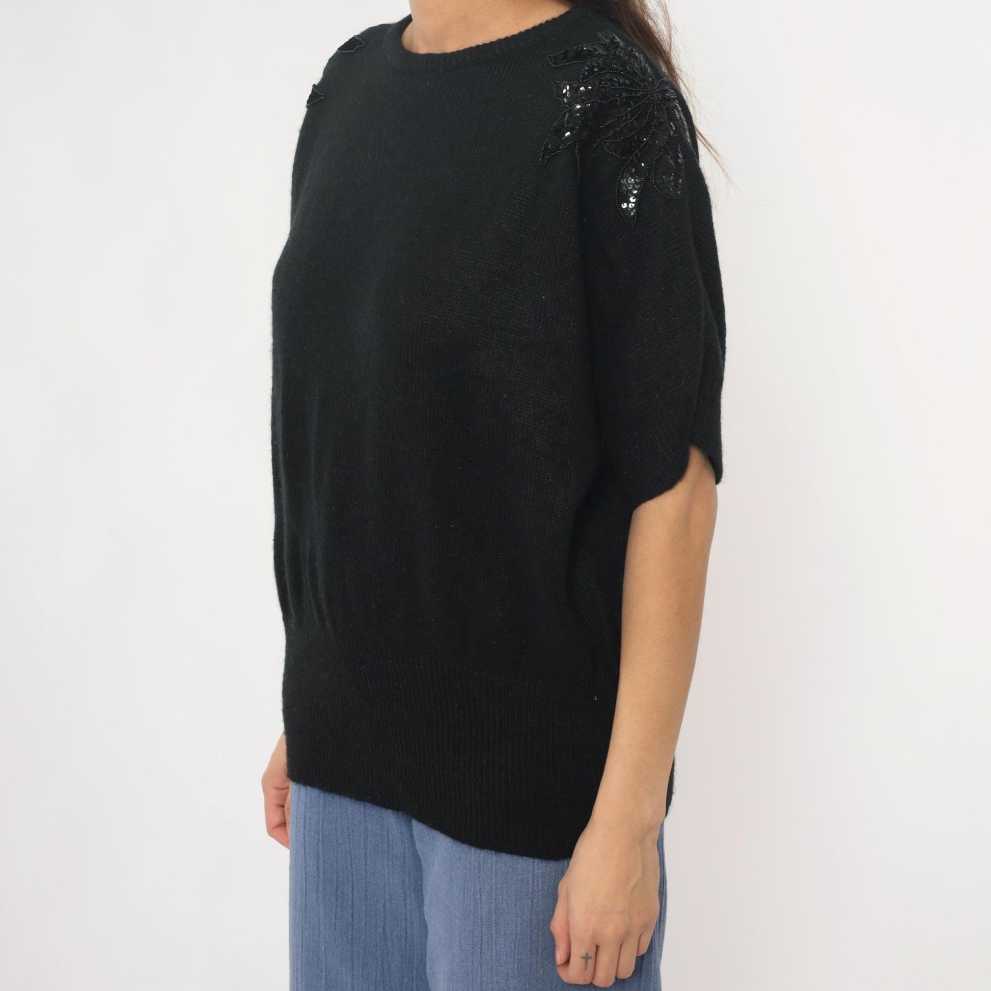 90s Justin B Jones Black Sequin Shoulder Knit Sweater Medium M