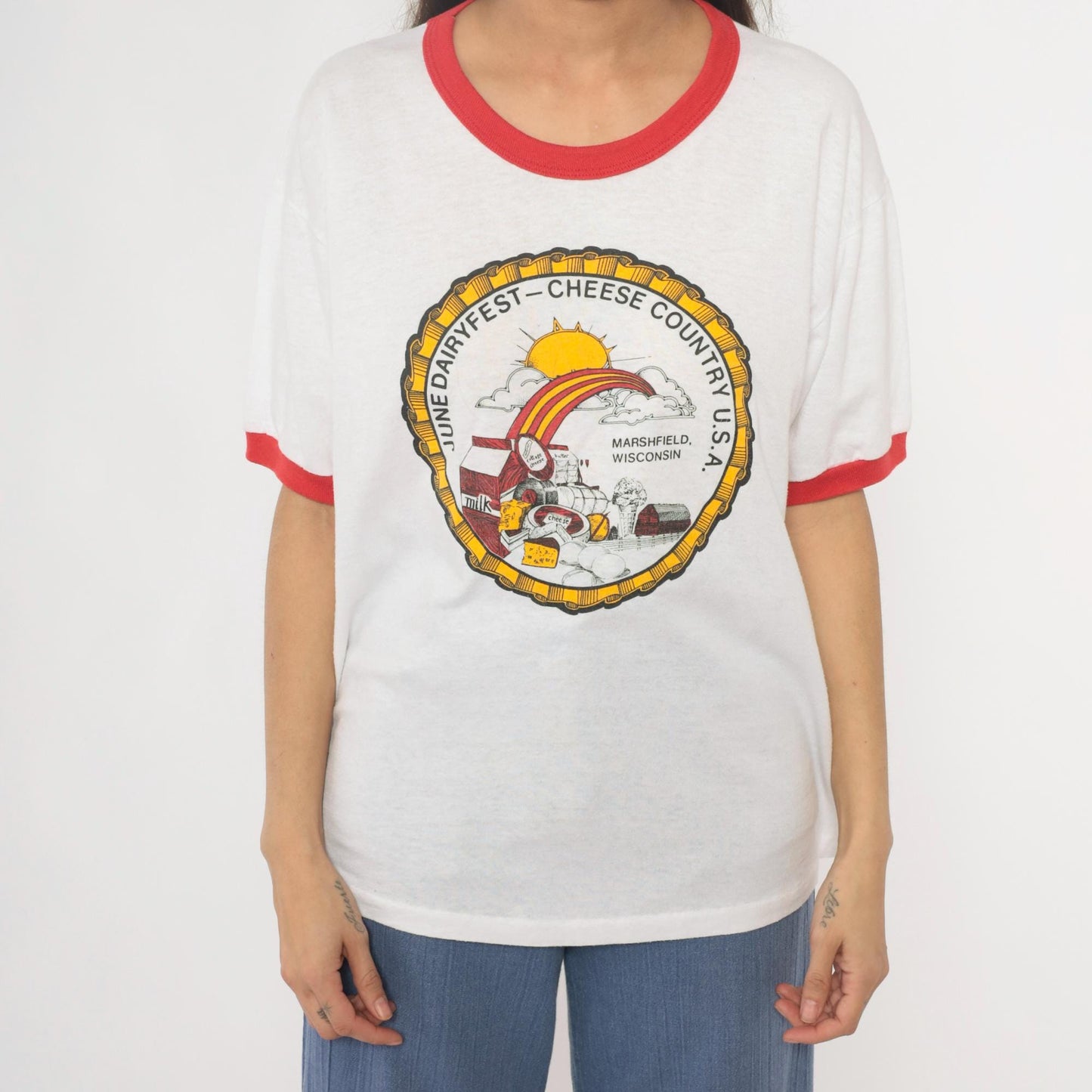 90s Russell Athletic Wisconsin Dairyfest Ringer Tee Red Trim Large L