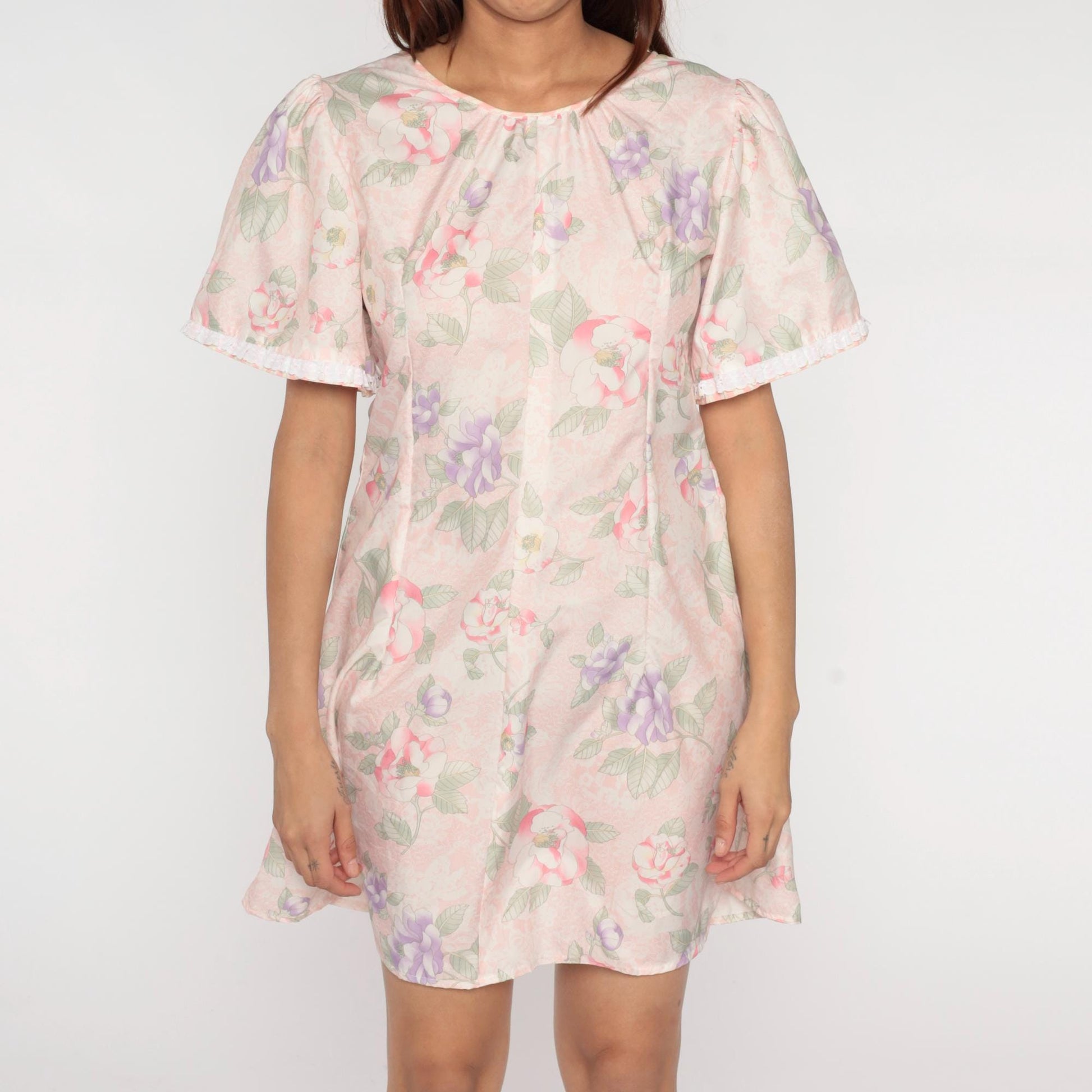 80s Pastel Floral Mini Dress Puff Sleeve Pink Purple Green A-Line Medium M