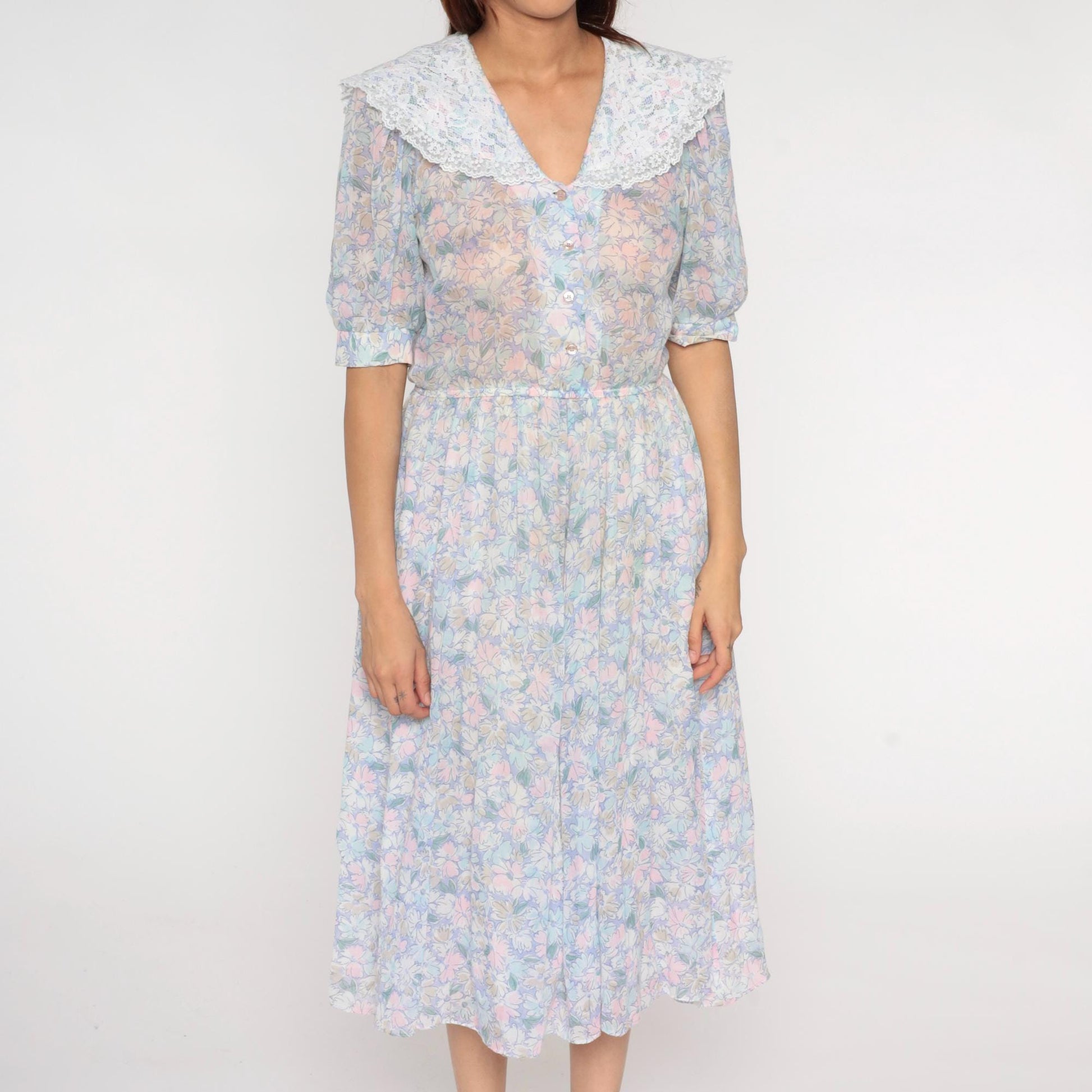 80s Act 1 Floral Midi Dress White Lace Collar Puff Sleeve Small