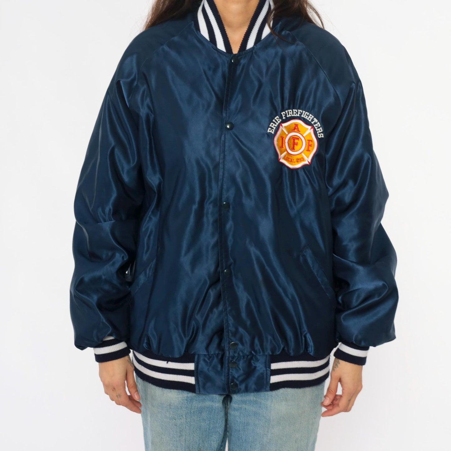 90s Erie Firefighters Navy Satin Bomber Jacket Embroidered Patch Extra Large XL