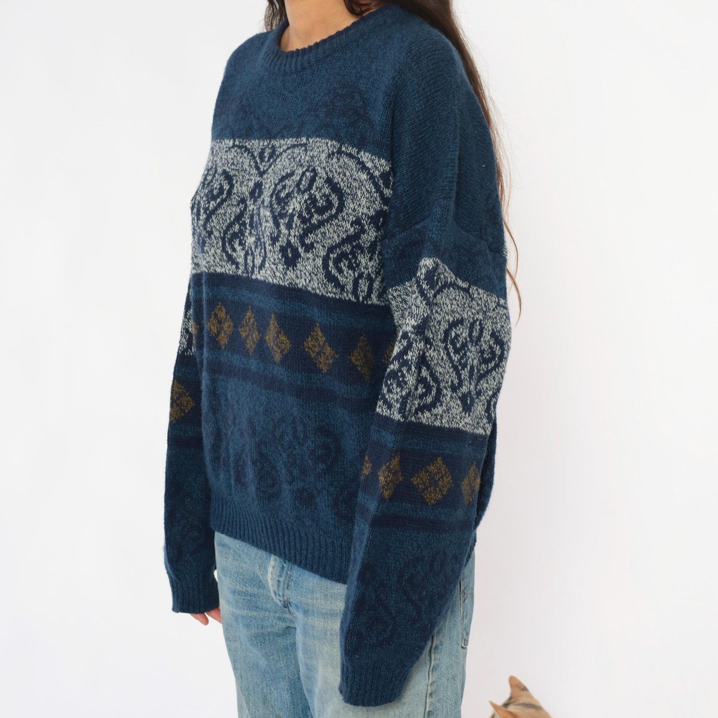 90s Fair Isle Sweater Navy White Gold Geometric Knit Crewneck Large L
