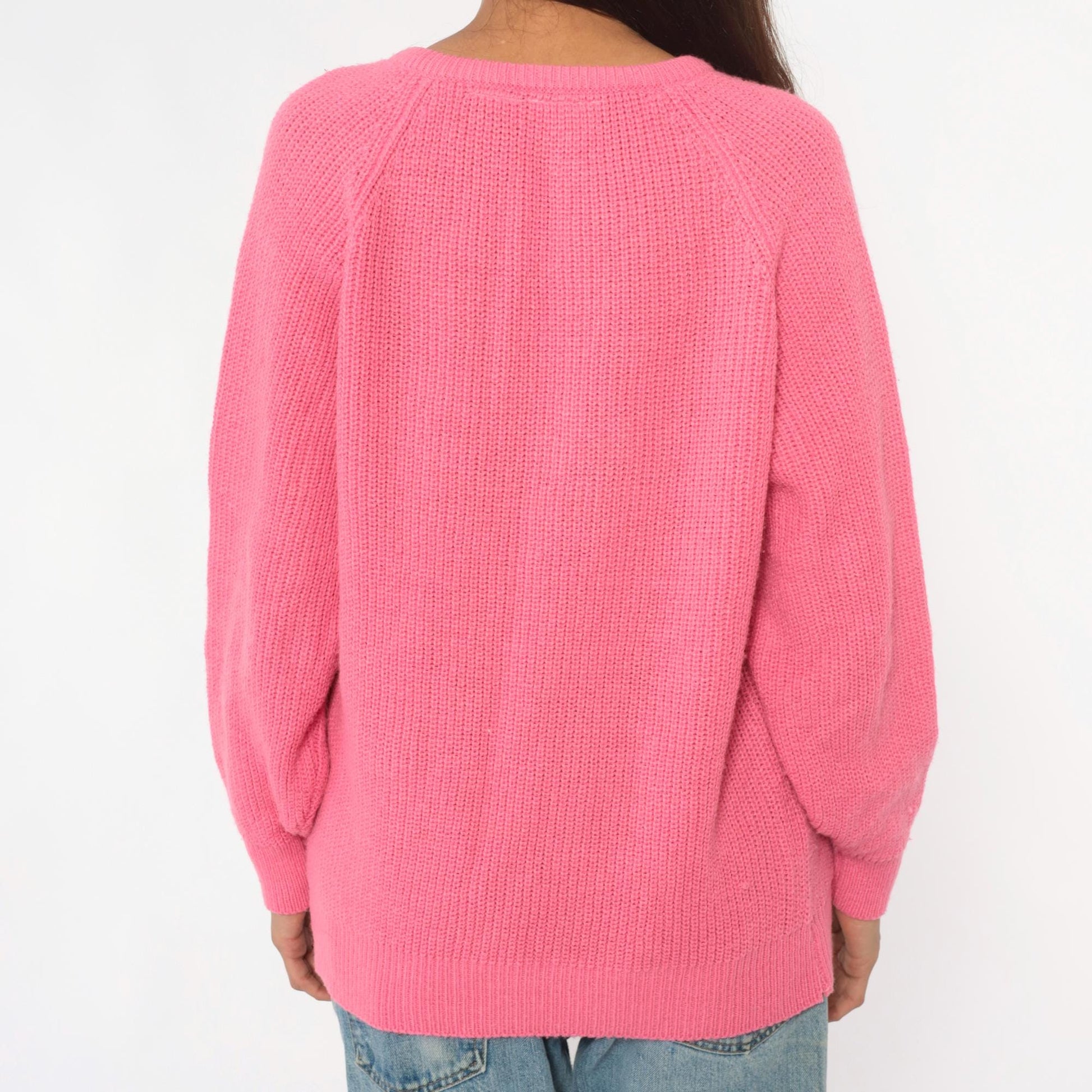 90s Pink V-Neck Sweater Ribbed Knit Pullover Jumper Large L