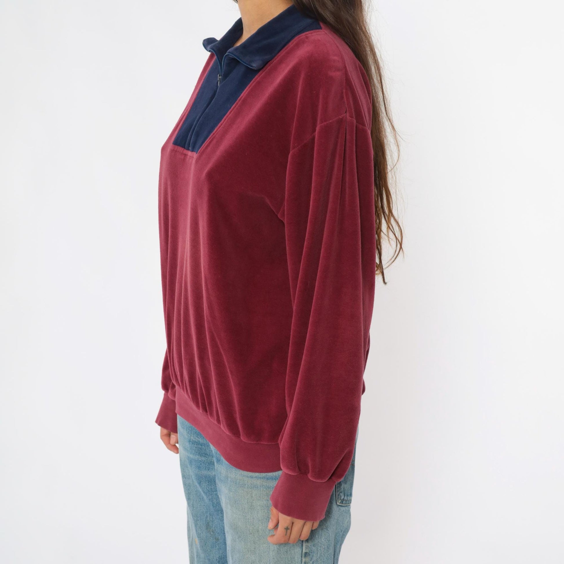 80s Velour Pullover Burgundy Navy Colorblock Half Zip Collared Track Top Medium