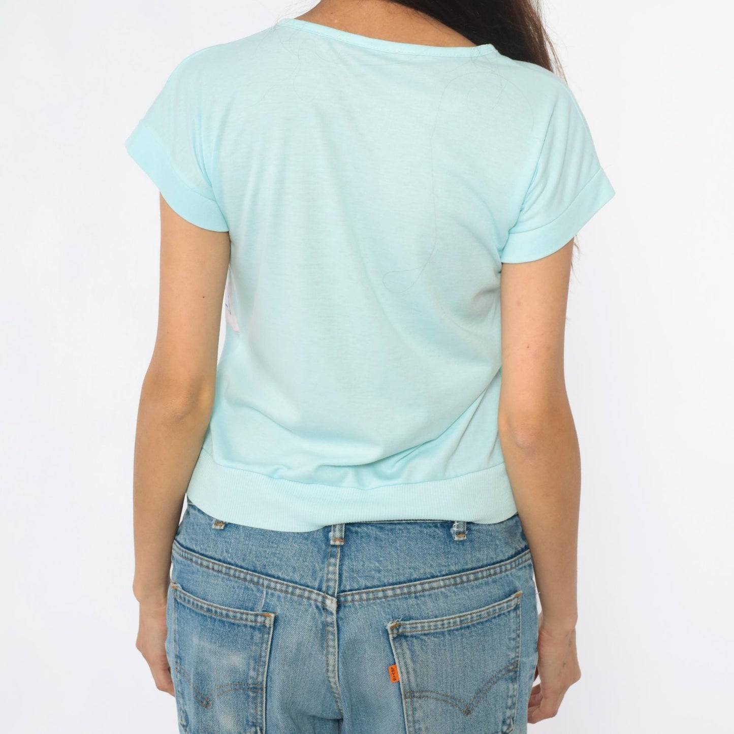 80s Beach Cafe Graphic Sweatshirt Mint Blue Cropped Pocket Medium