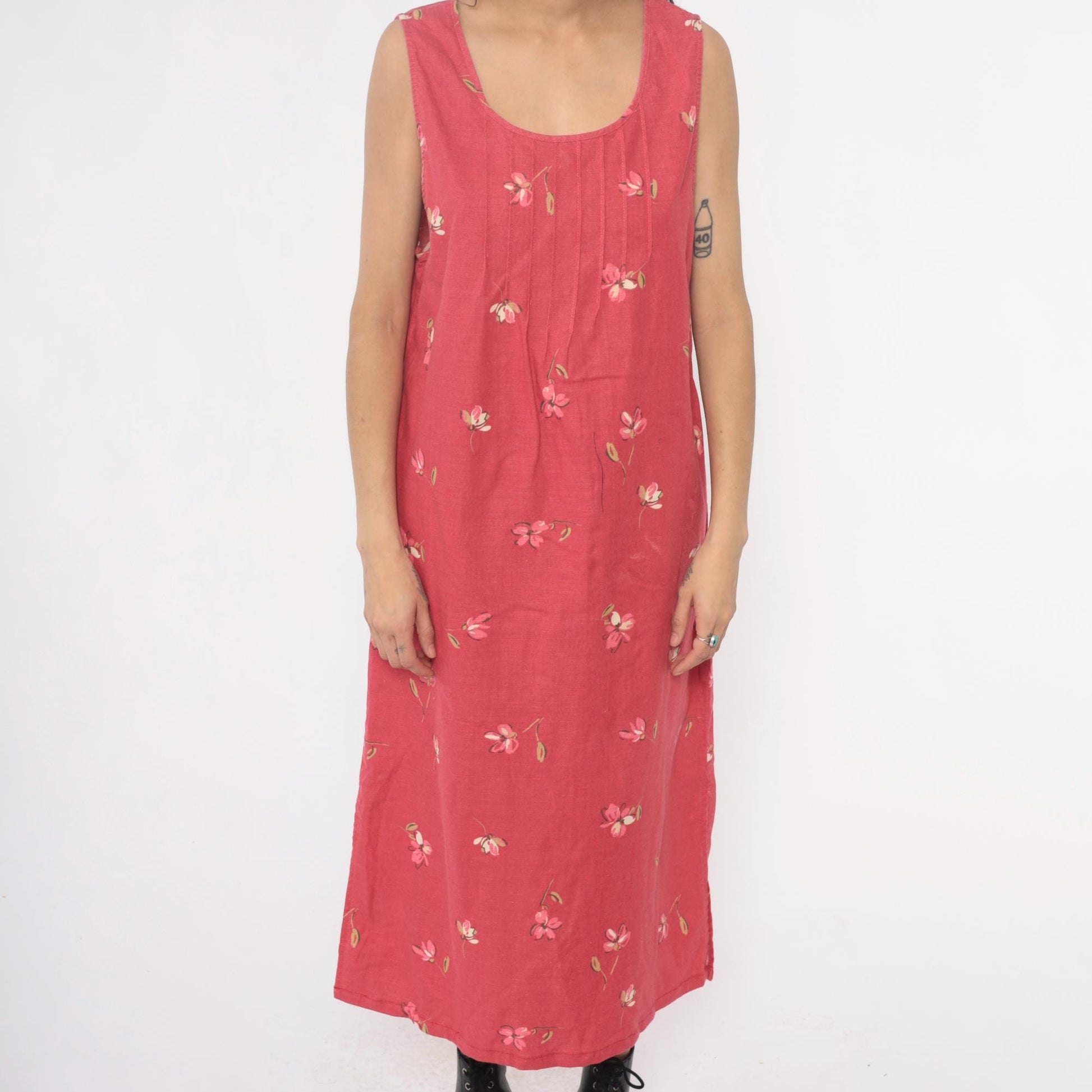 90s White Stag Floral Maxi Dress Pink Linen Cotton Blend Pintuck Medium M