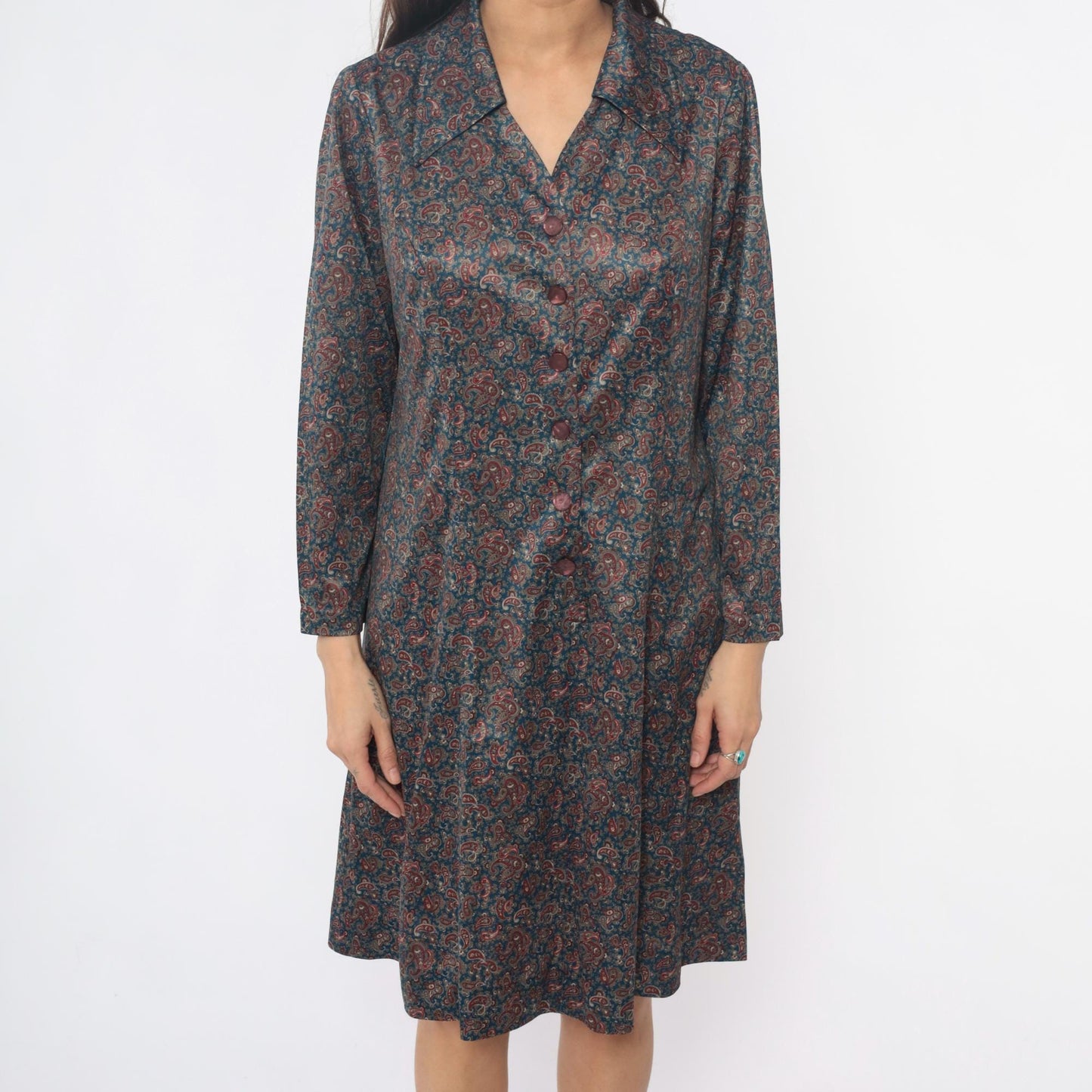 70s Paisley Shirt Dress Collared Button Front Long Sleeve Blue Large L