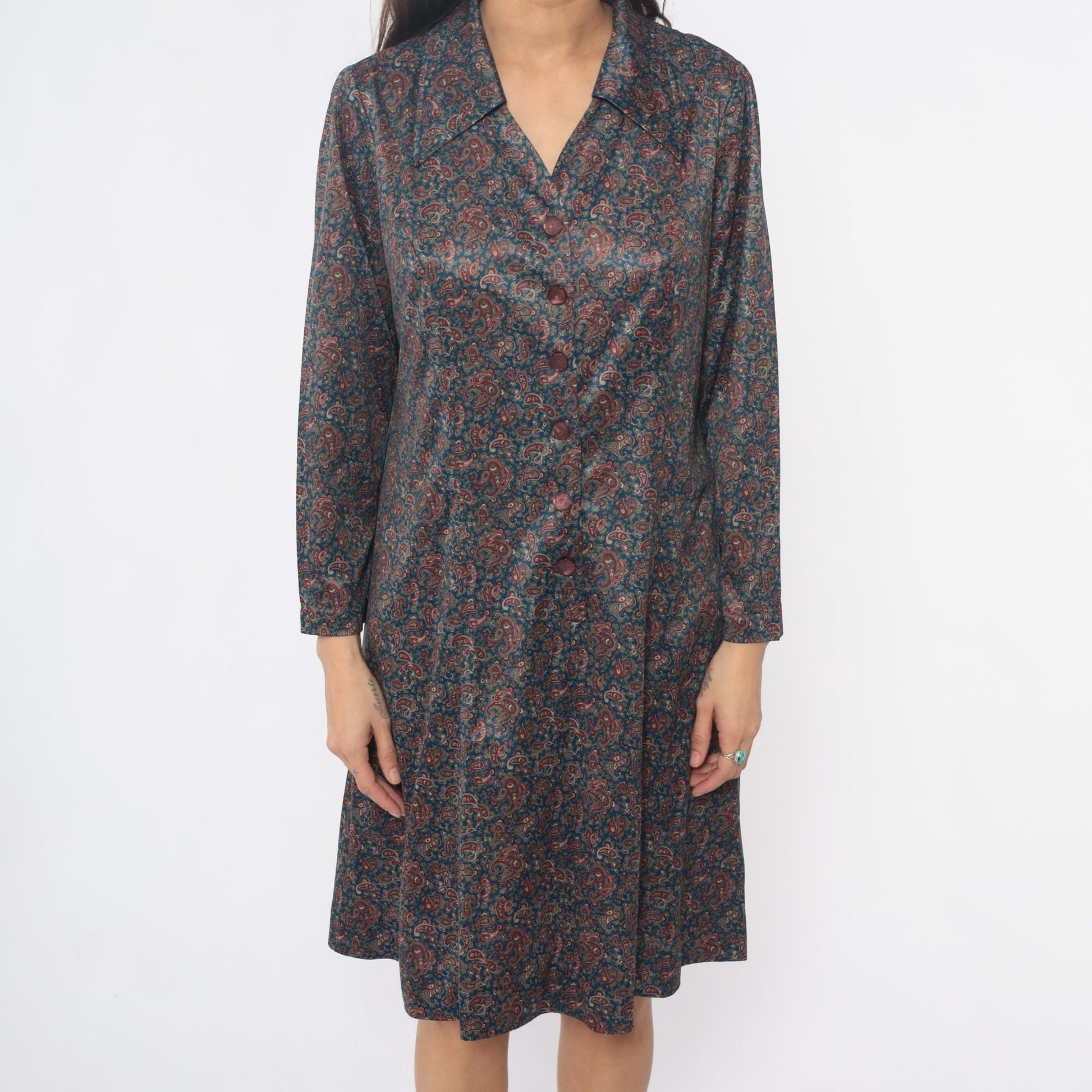 70s Paisley Shirt Dress Collared Button Front Long Sleeve Blue Large L