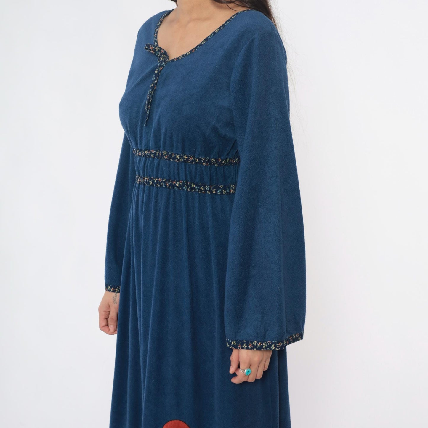 70s Blue Maxi Dress Empire Waist Desert Cactus Appliqué Long Sleeve Medium