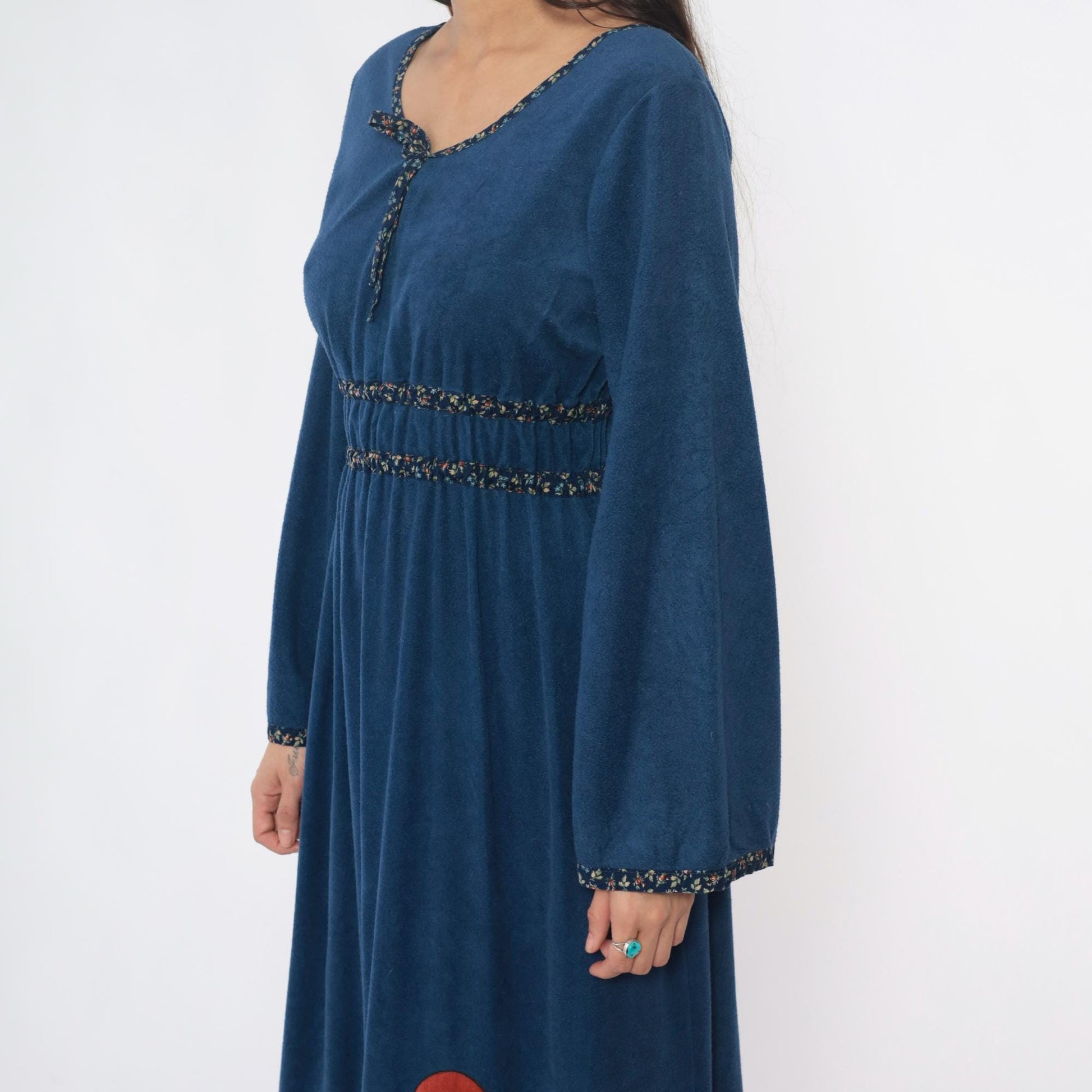 70s Blue Maxi Dress Empire Waist Desert Cactus Appliqué Long Sleeve Medium