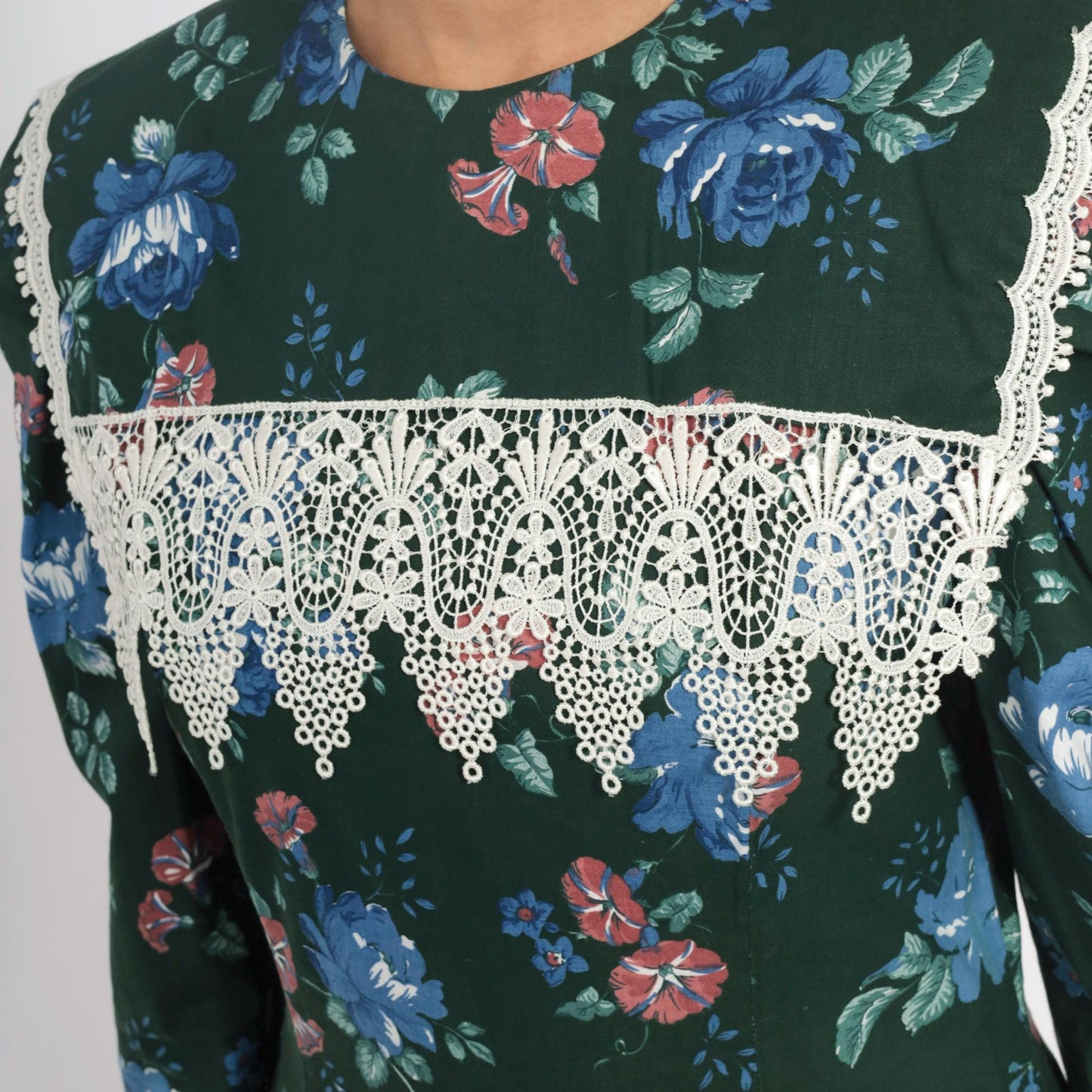 80s Jessica McClintock Gunne Sax Forest Green Floral Midi Dress Crochet Lace Medium M