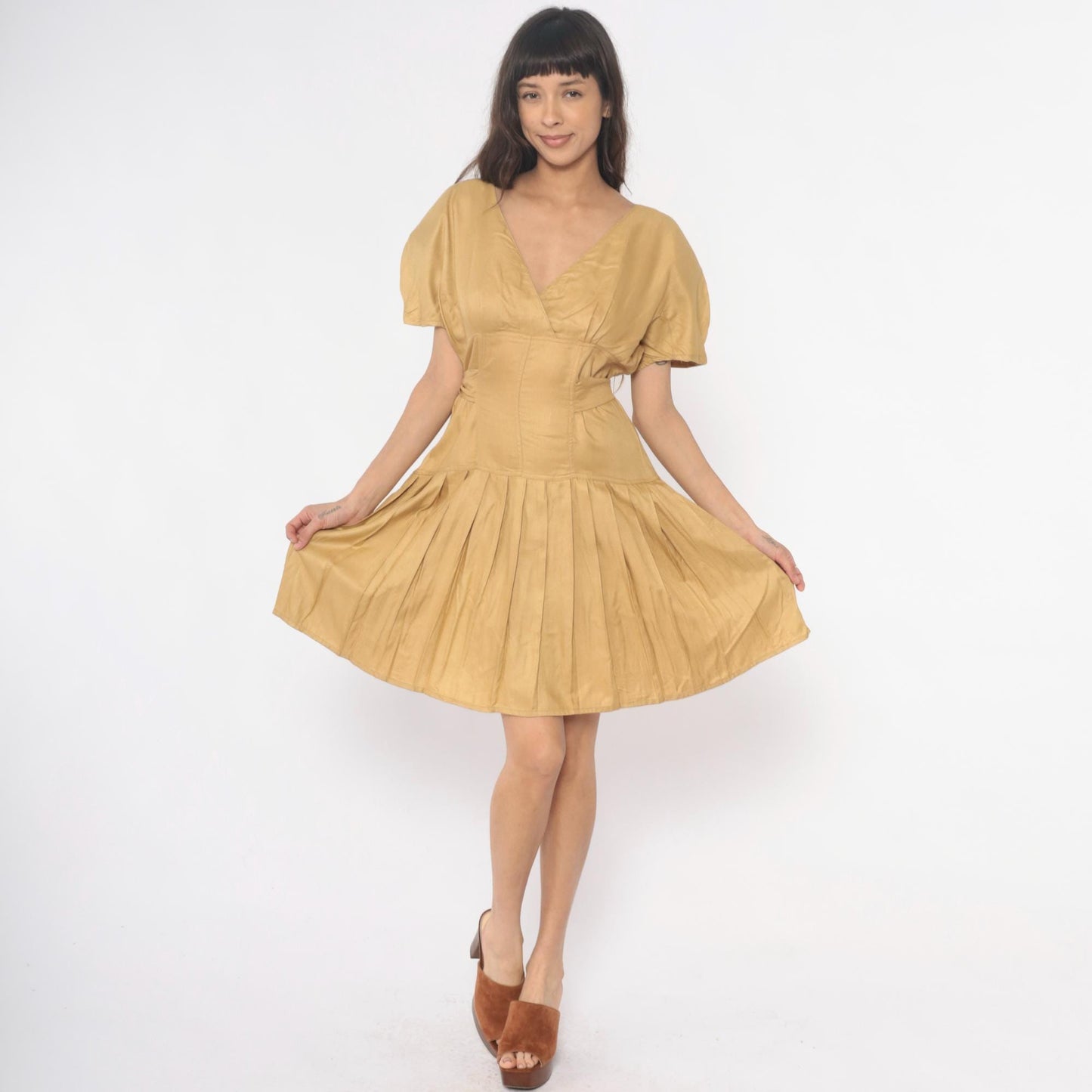 80s Golden Yellow Sundress Puff Sleeve V-Neck Tie Waist Pleated Small S