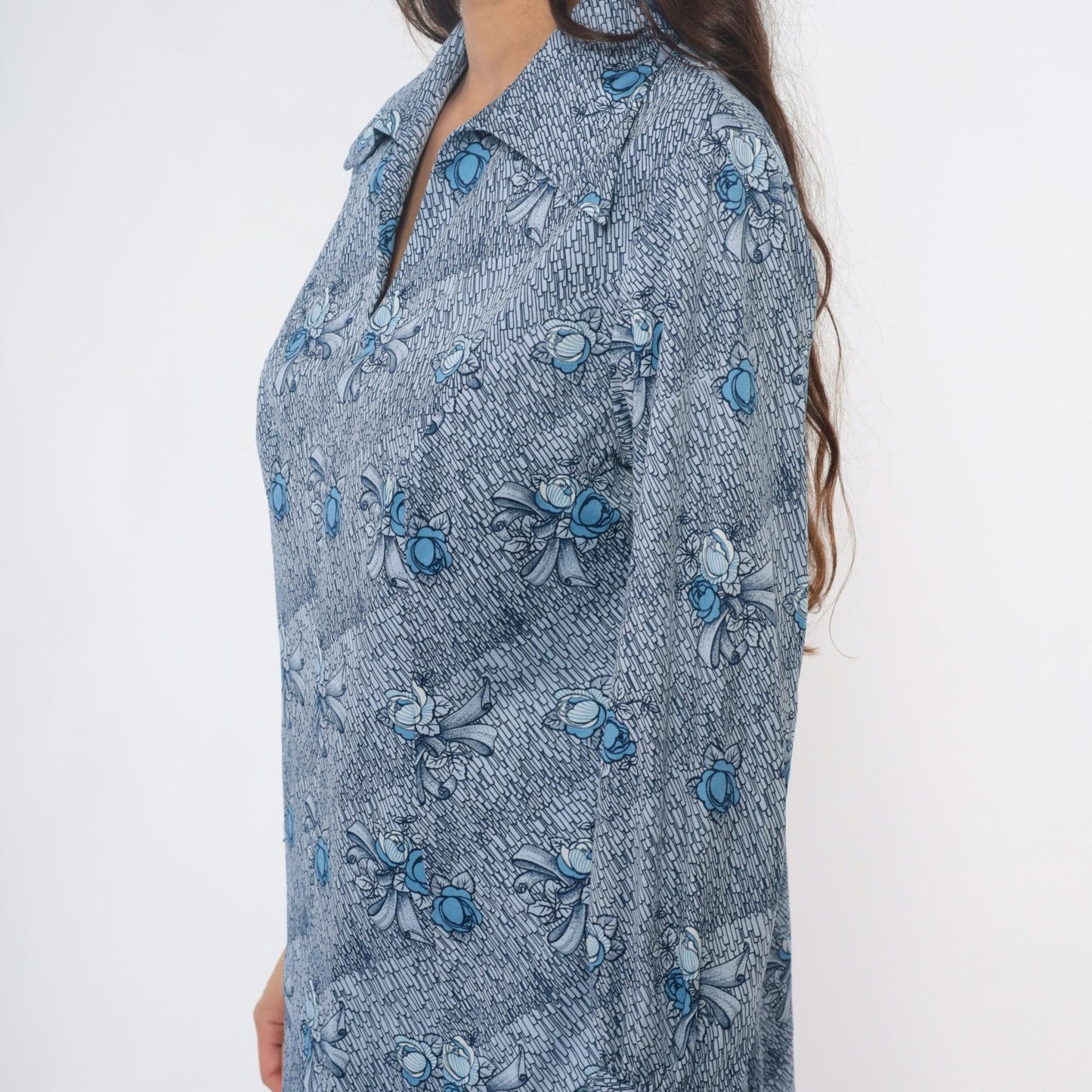 70s Blue-Gray Floral Bow Shirt Dress Pointed Collar Knee-Length Large