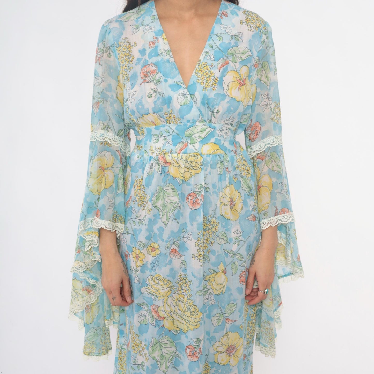 70s Light Blue Floral Maxi Dress Bell Sleeve Wrap Tie Waist Lace Trim Small Medium