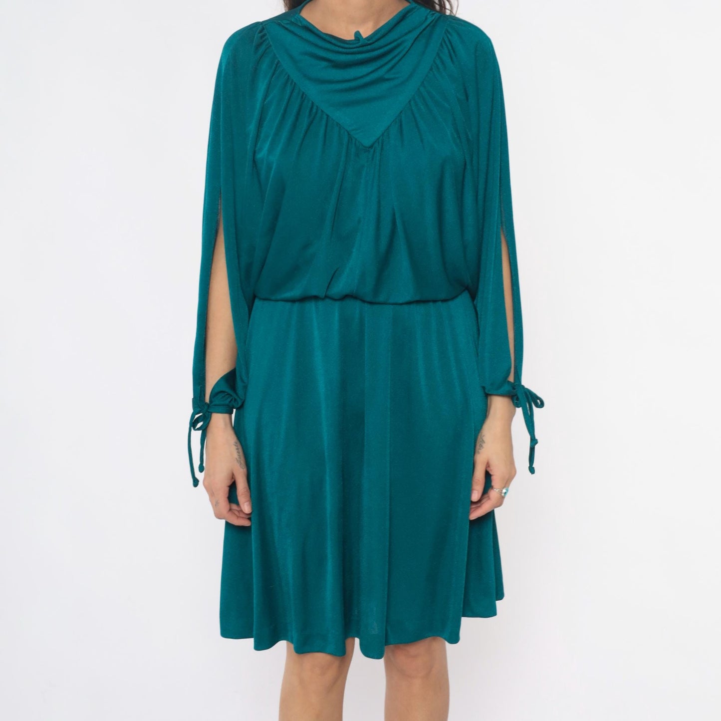 80s Teal Cowl Neck Dress Draped Split Sleeve Knee-Length Small Medium
