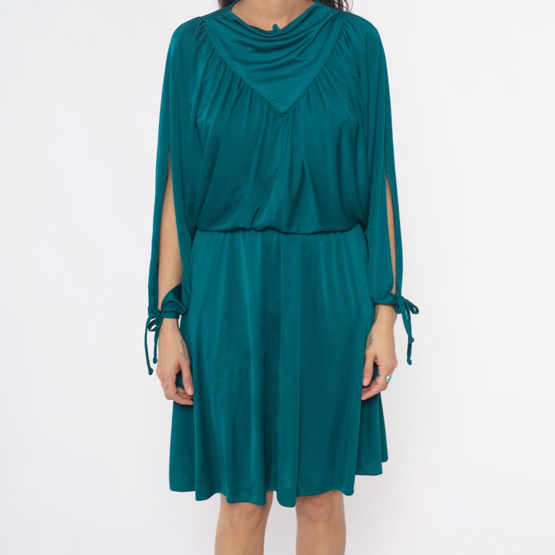 80s Teal Cowl Neck Dress Draped Split Sleeve Knee-Length Small Medium