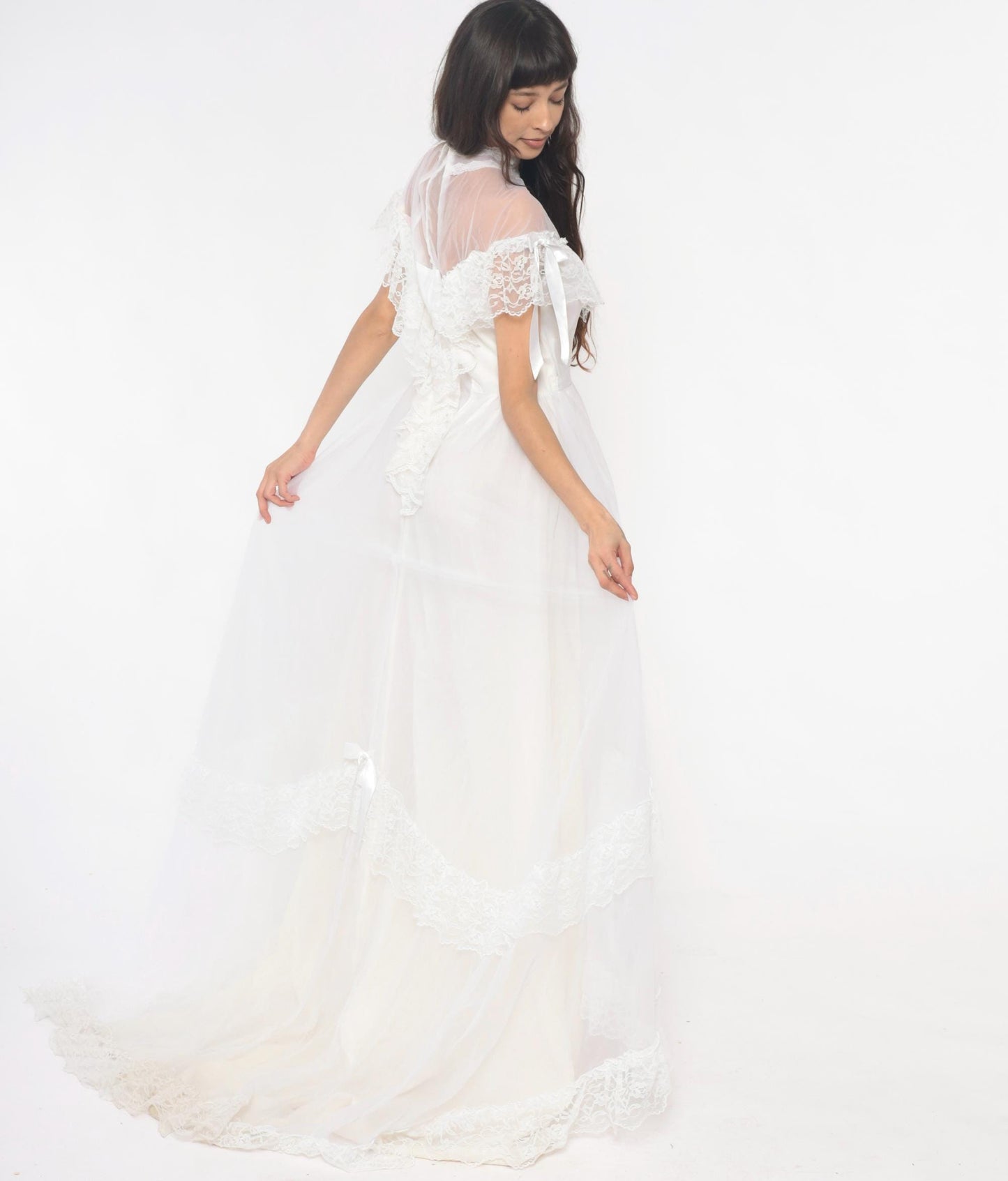 80s White Lace Maxi Nightgown Sheer High Neck Satin Ribbon Medium