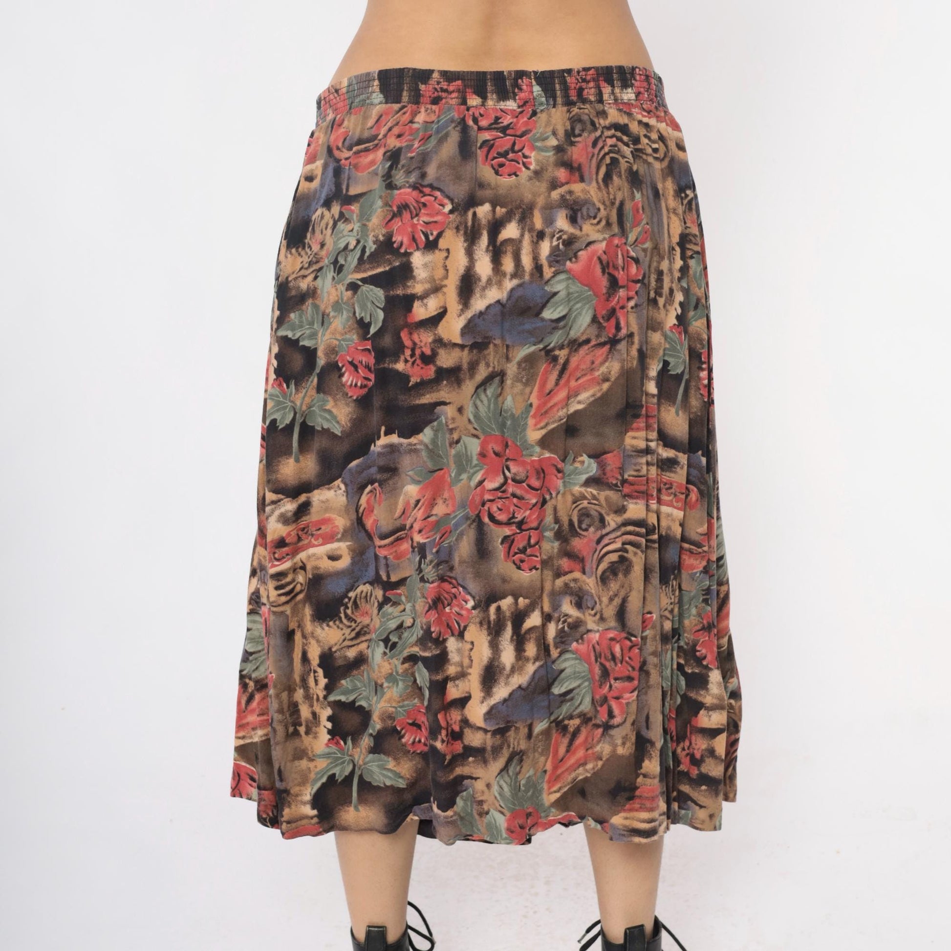 90s Floral Animal Print Midi Skirt Pink Green Brown Rayon Medium Large