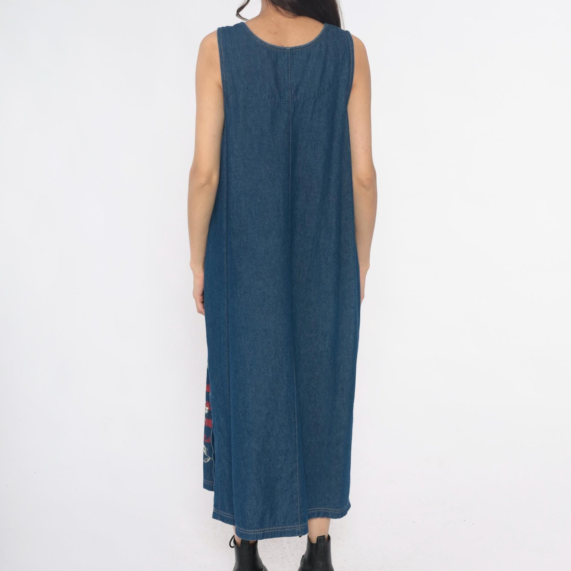 90s Blue Denim Maxi Dress Floral Butterfly Painted Tank Sleeveless Large L