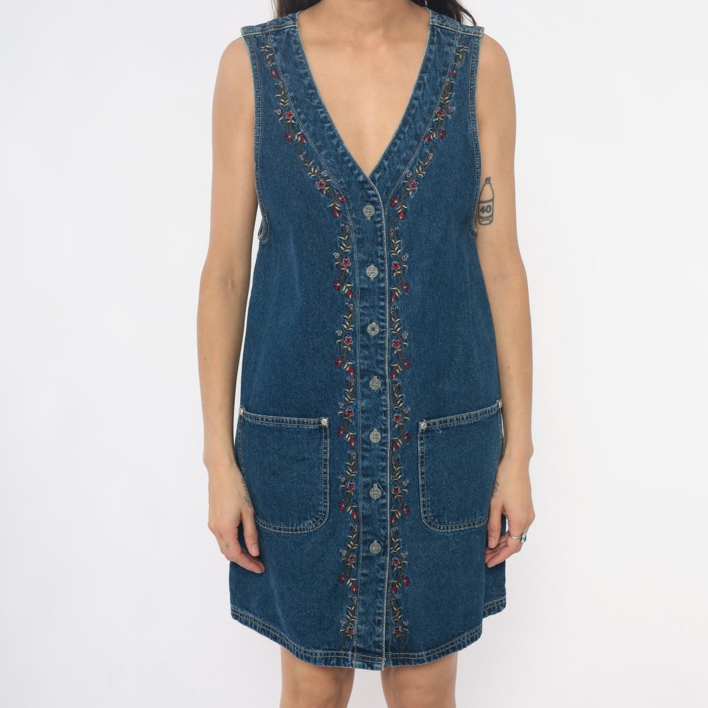 90s JL NY Sport Denim Mini Dress Floral Embroidery Blue Small