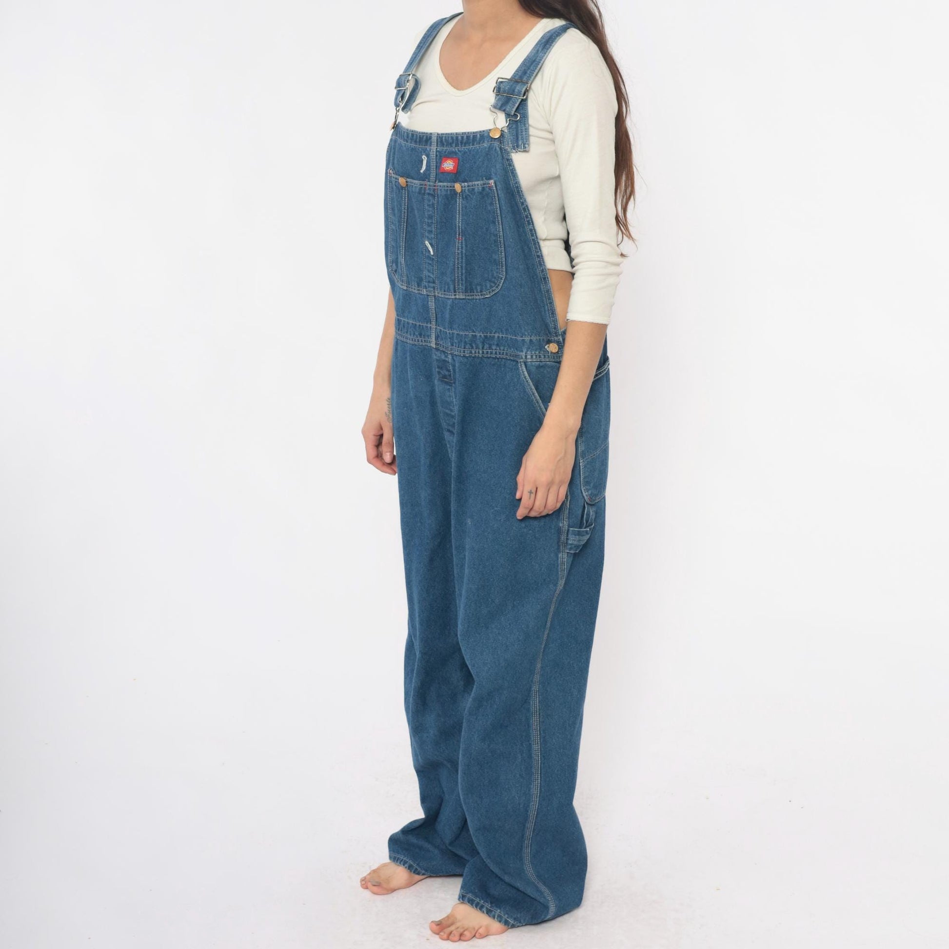 90s Dickies Denim Overalls Blue Cotton Bib Wide Leg Extra Large XL