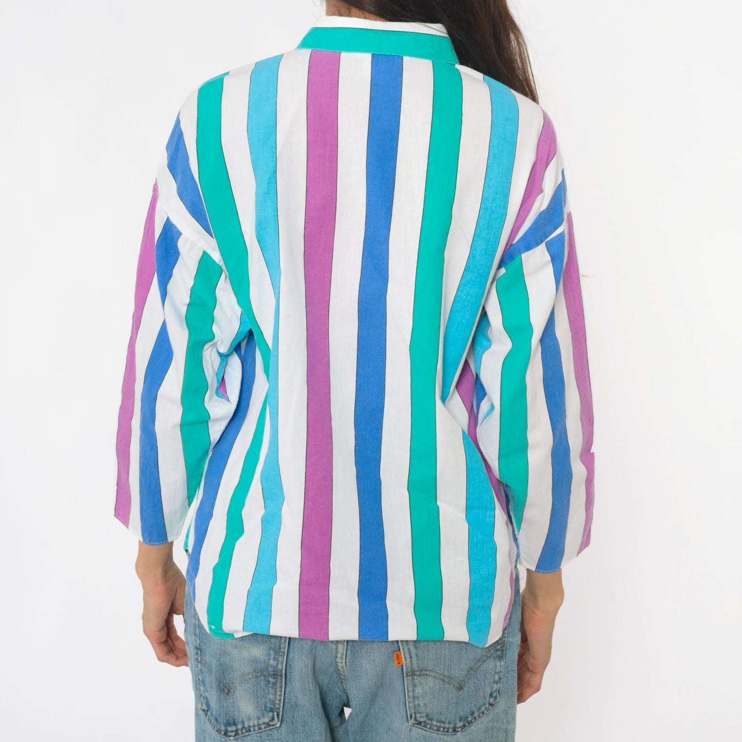 80s Avon Fashions Striped Cotton Blouse Vertical Stripes Purple Blue Small S