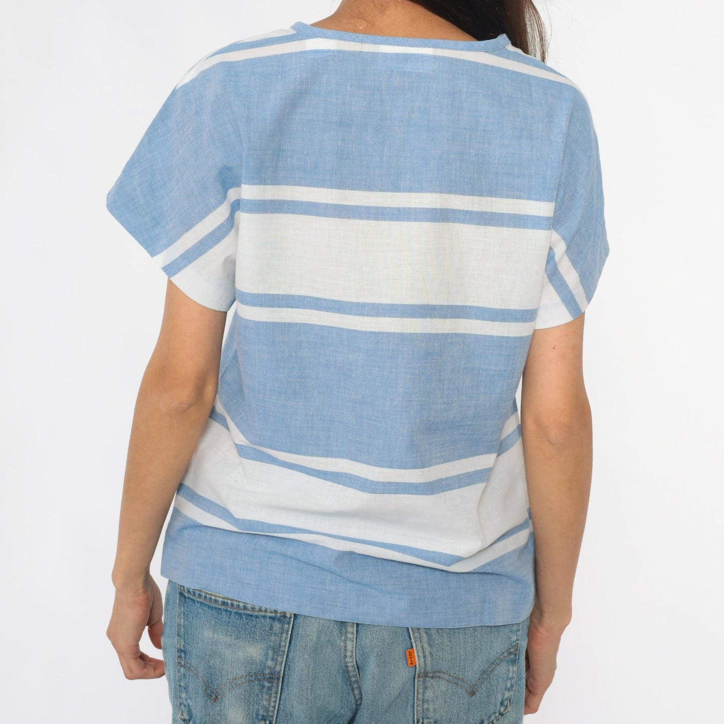 80s Graff Sport Blue White Striped Top Keyhole Neckline Small S