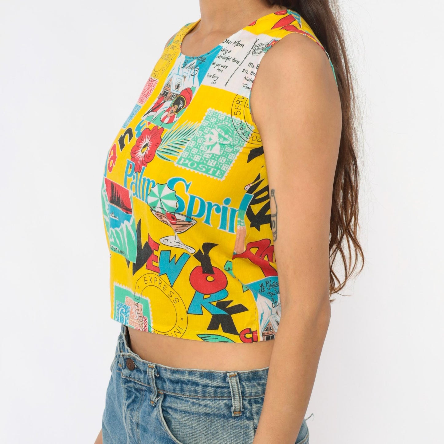 90s Yellow Crop Tank Postcard Print Novelty Sleeveless Top Extra Small XS