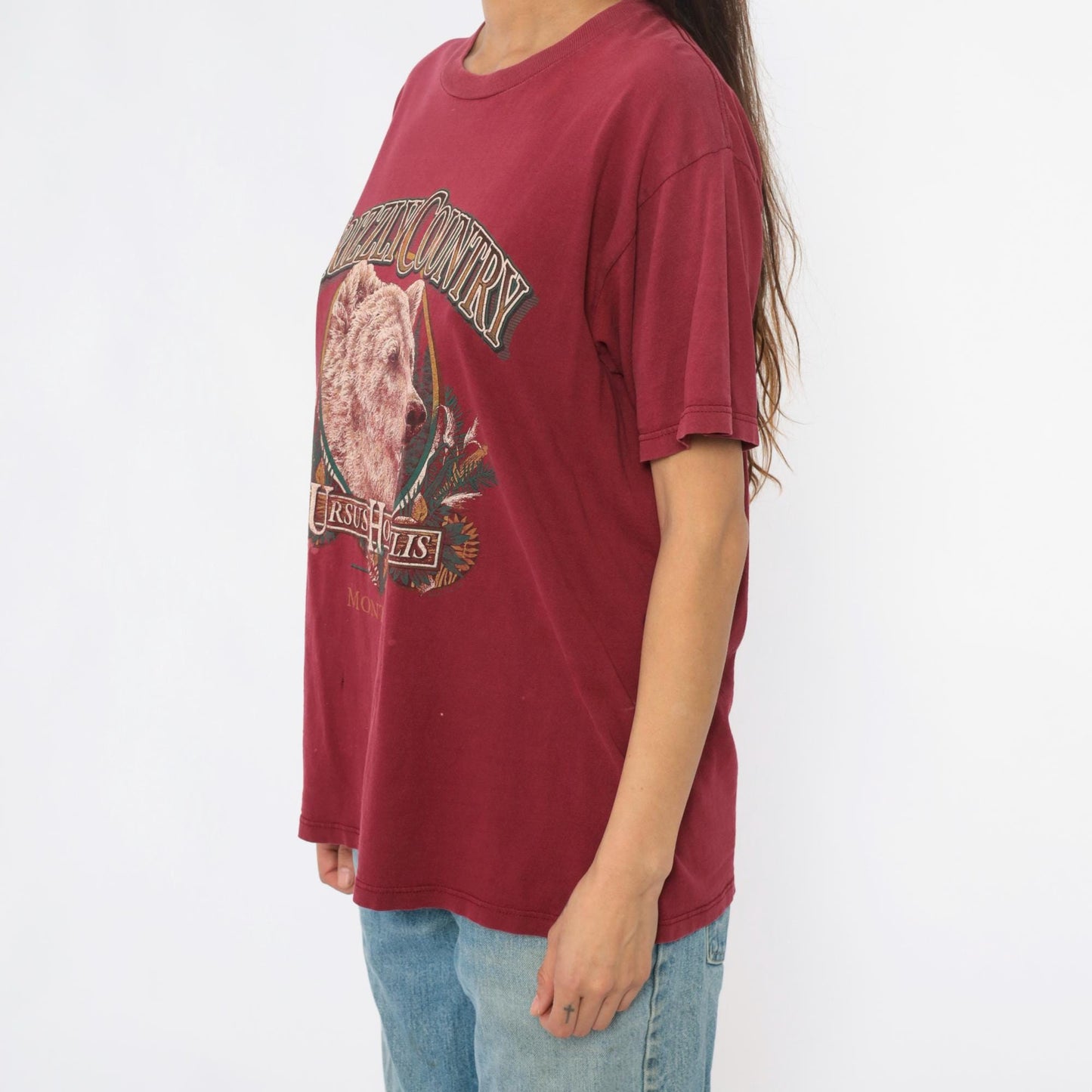 90s Grizzly Bear Montana Graphic Tee Burgundy Cotton Medium M