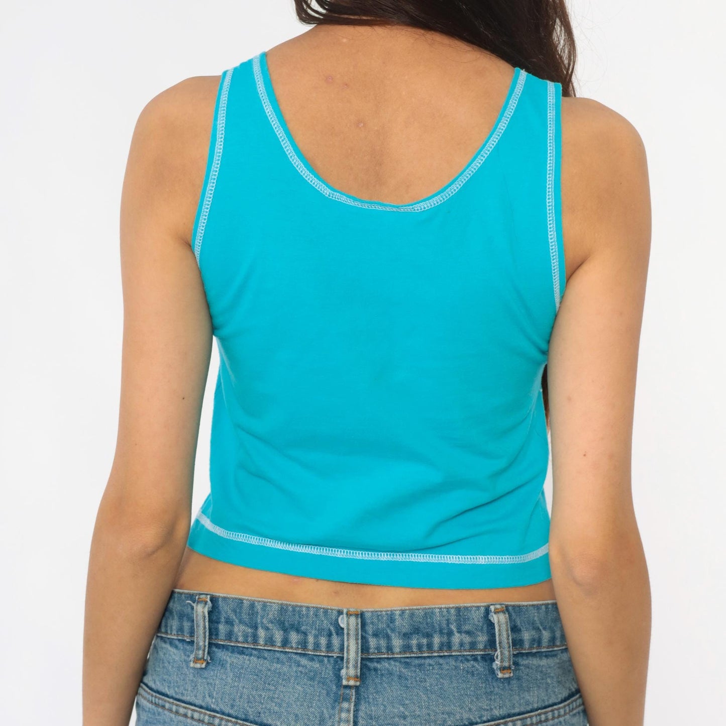 90s Turquoise Crop Tank Top Henley Racerback Cotton Fitted Small S
