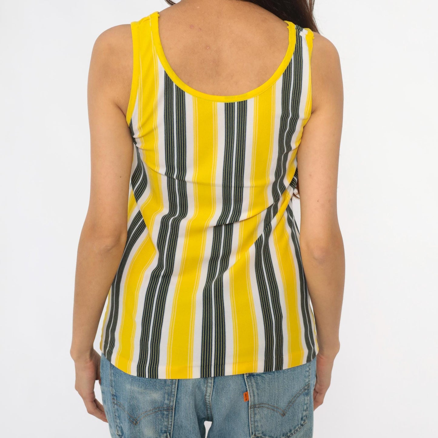 70s Yellow Black White Vertical Stripe Tank Top Scoop Neck Extra Small XS