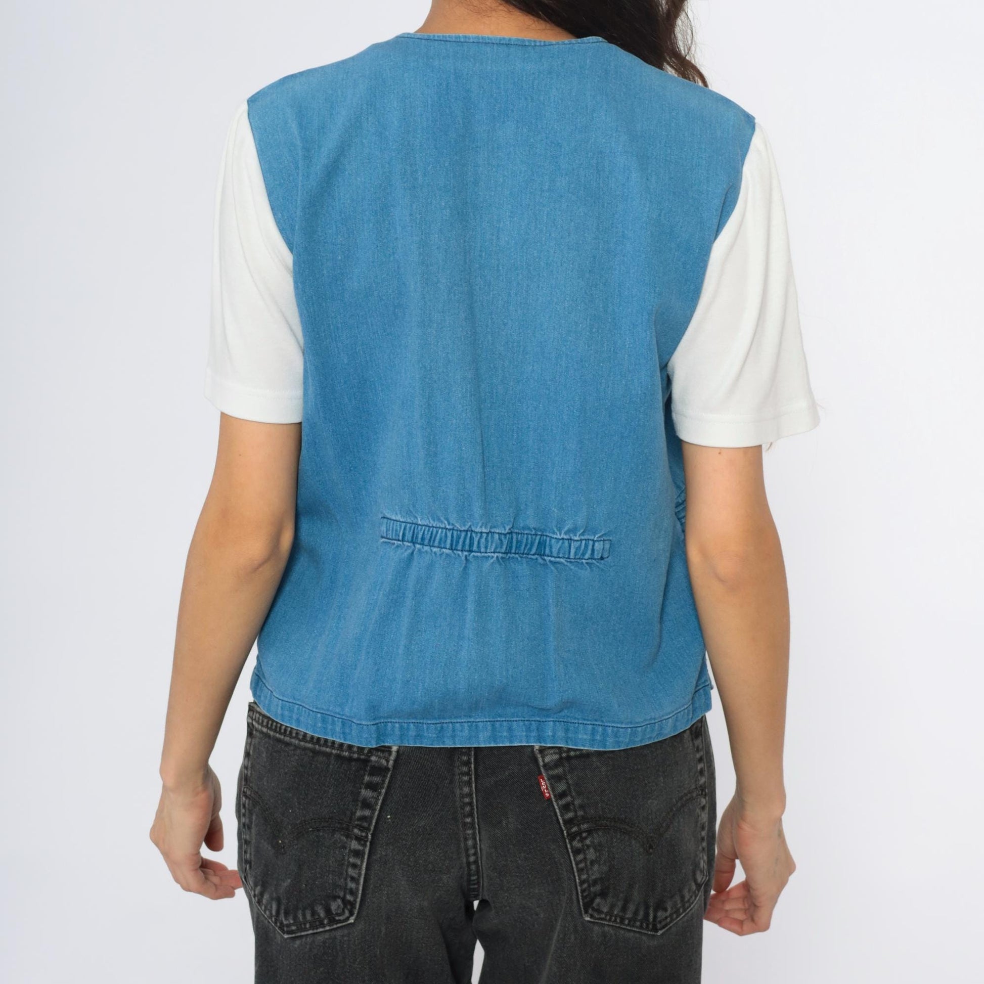 90s Blue Denim Vest Embroidered Floral Button Front Pintuck Small S
