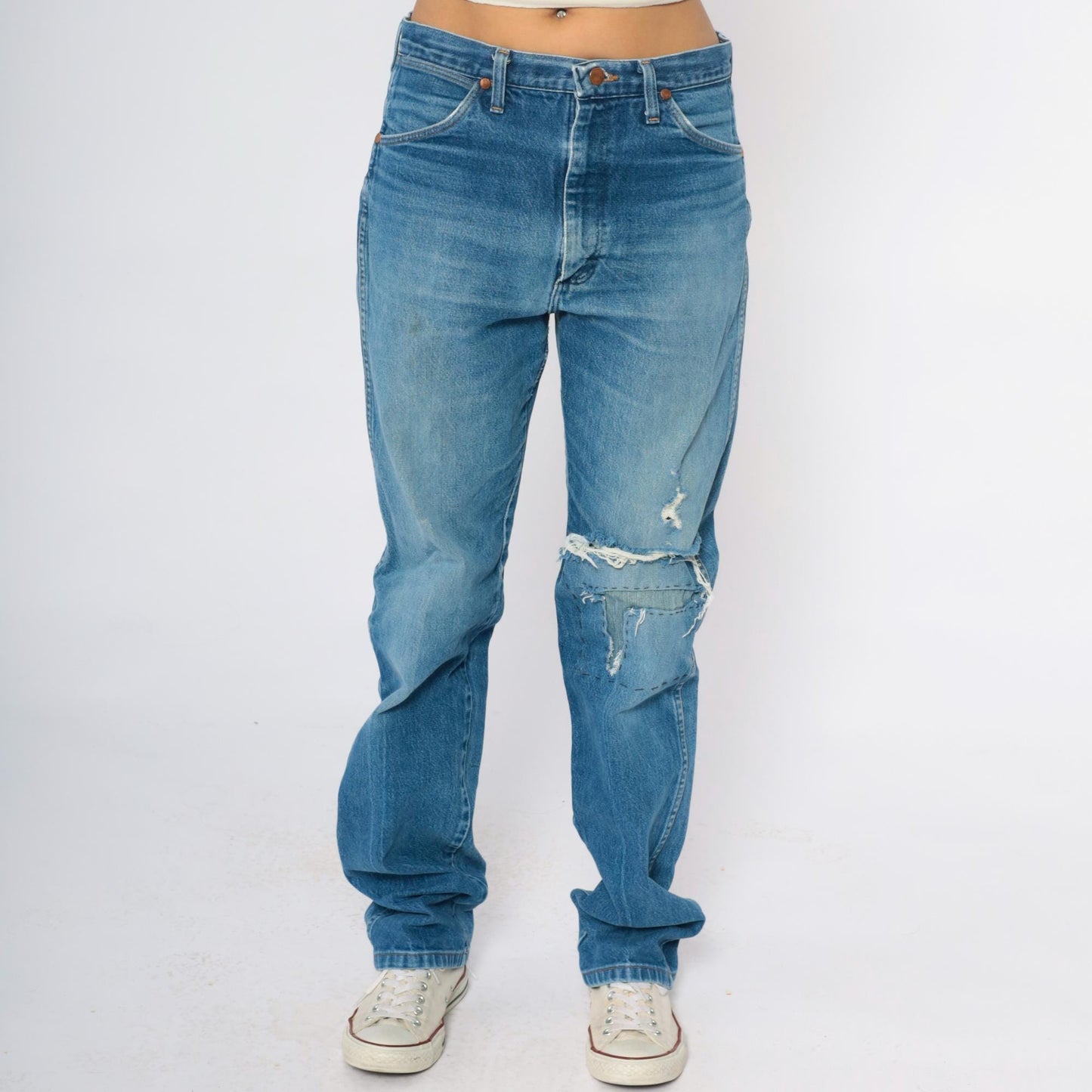 00s Wrangler Distressed Jeans Light Blue Denim Straight Leg Mens 33 Waist