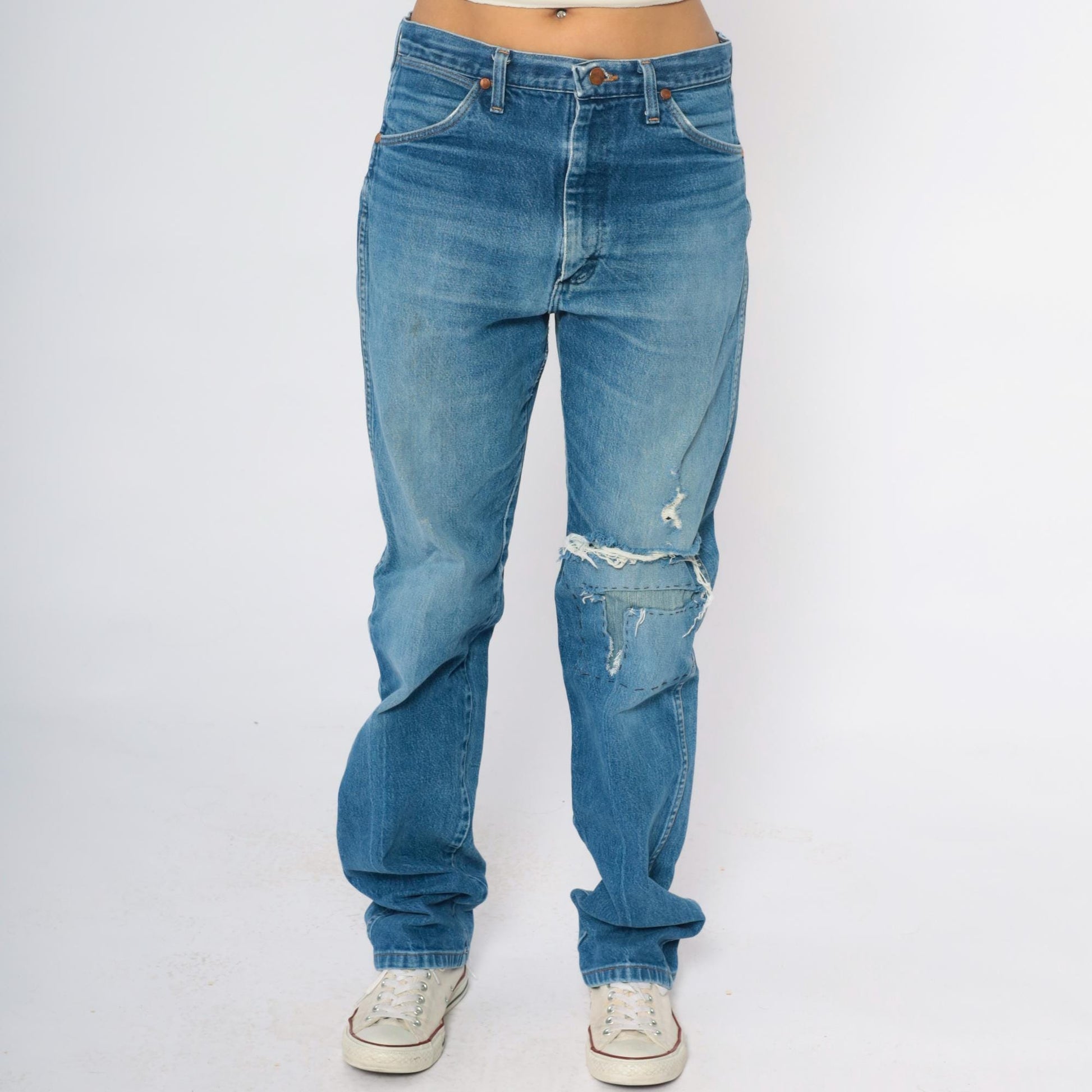 00s Wrangler Distressed Jeans Light Blue Denim Straight Leg Mens 33 Waist
