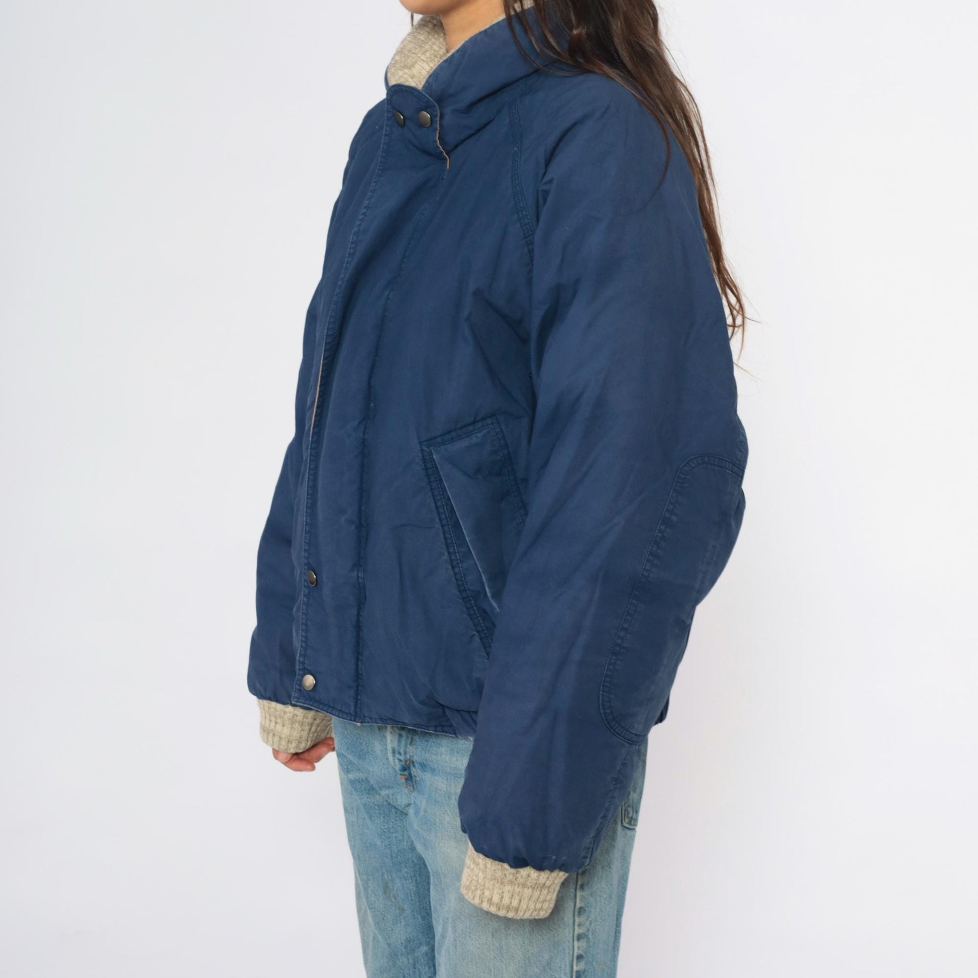 90s John Ashford Navy Bomber Jacket Down Fill Sherpa Collar Yellow Lining Large L