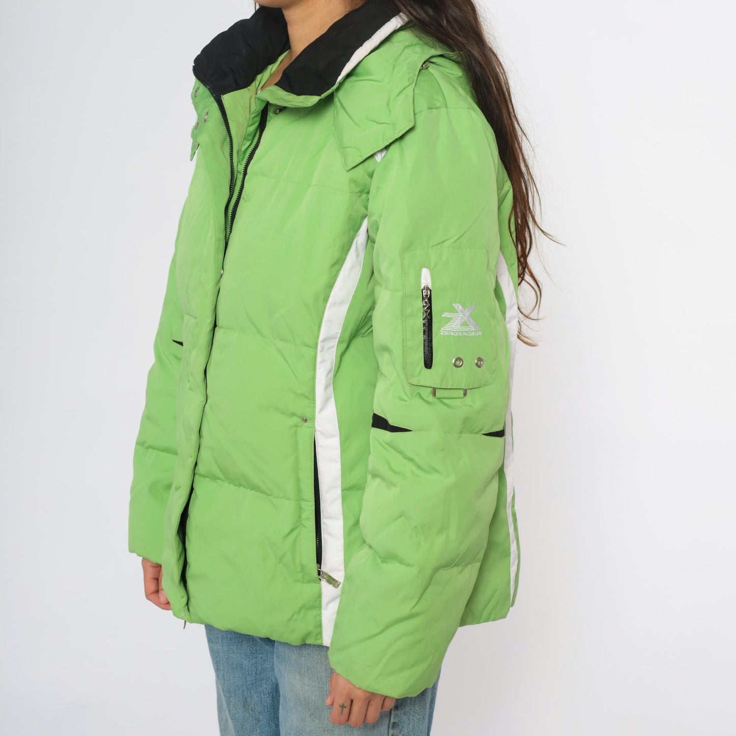 Y2K Zero Xposur Lime Green Colorblock Ski Jacket Hooded Puffer Extra Large