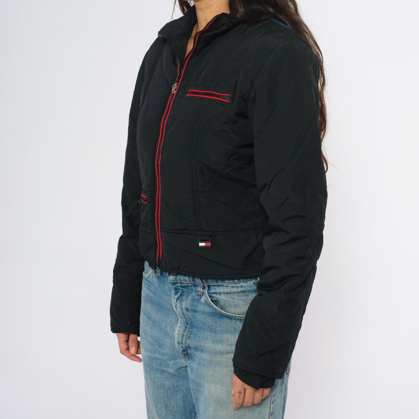 Y2K Tommy Jeans Rainbow Stripe Puffer Jacket Black Cropped Bomber Extra Small XS