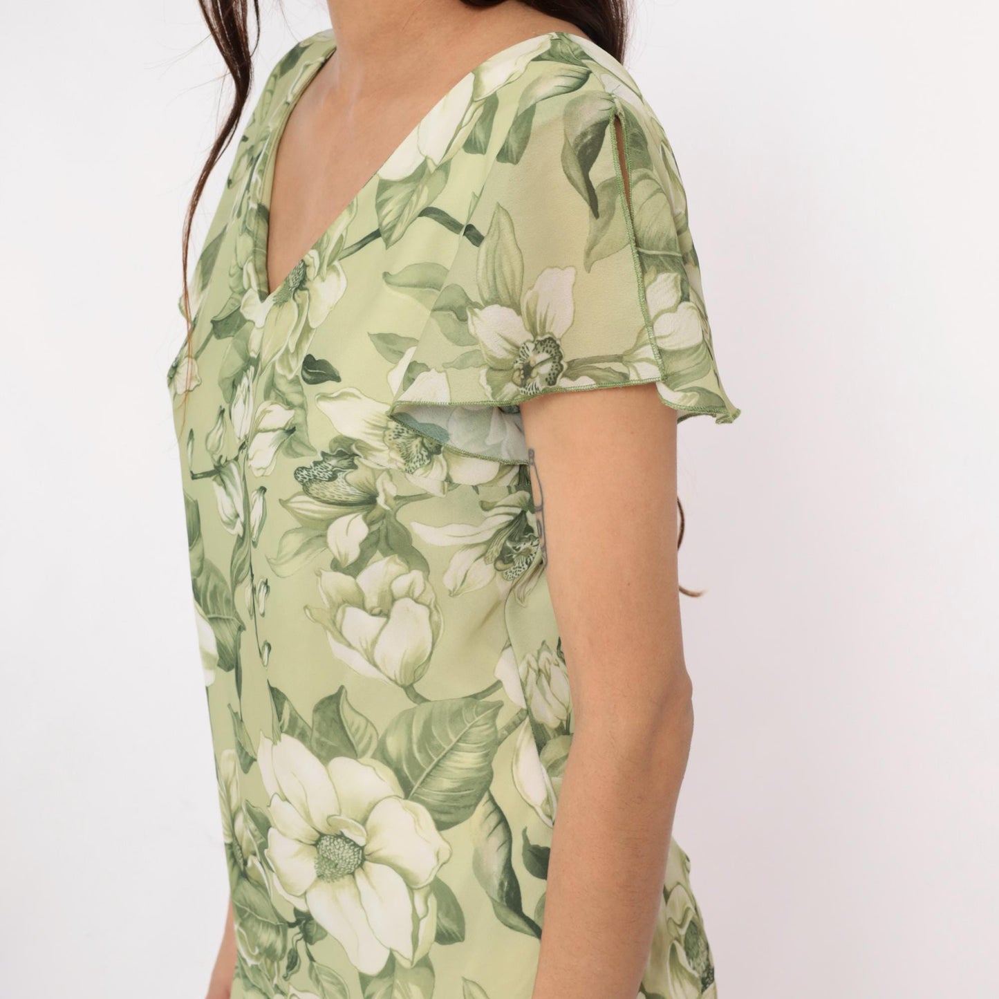 90s Green Magnolia Floral Dress V-Neck Flutter Sleeve A-Line Medium