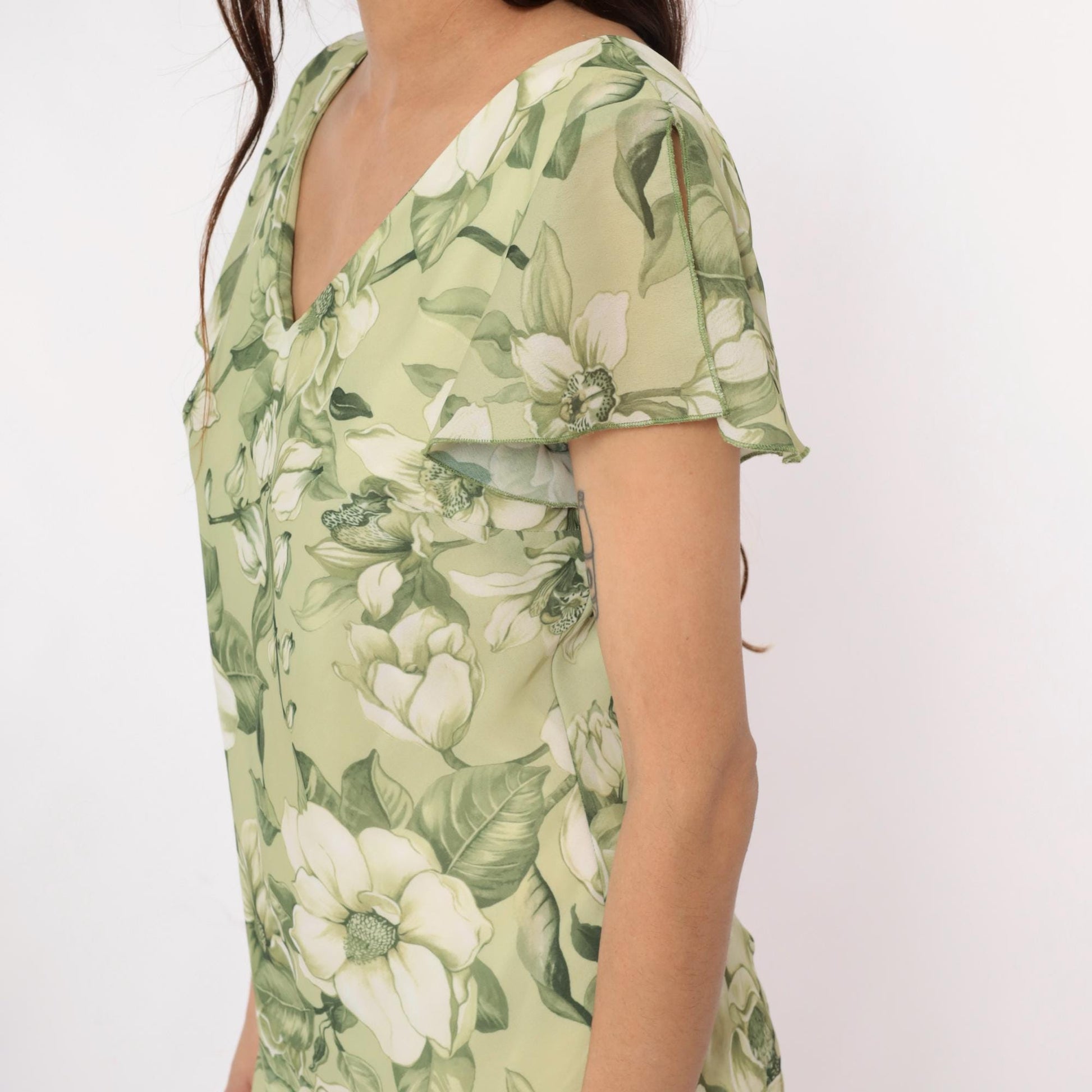 90s Green Magnolia Floral Dress V-Neck Flutter Sleeve A-Line Medium
