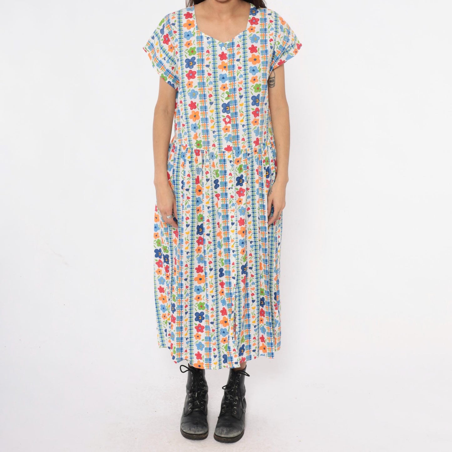 80s Chandni Floral Maxi Dress Button Front Drop Waist Multicolor Large L