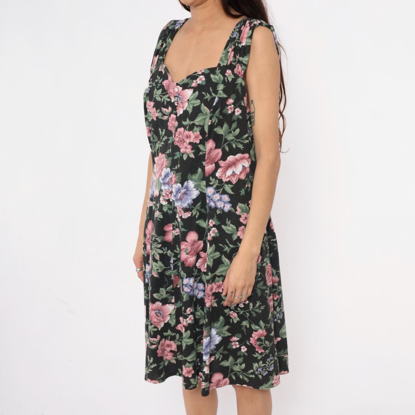 90s Floral Knee-Length Dress Black Pink Roses Blue Flowers Large L