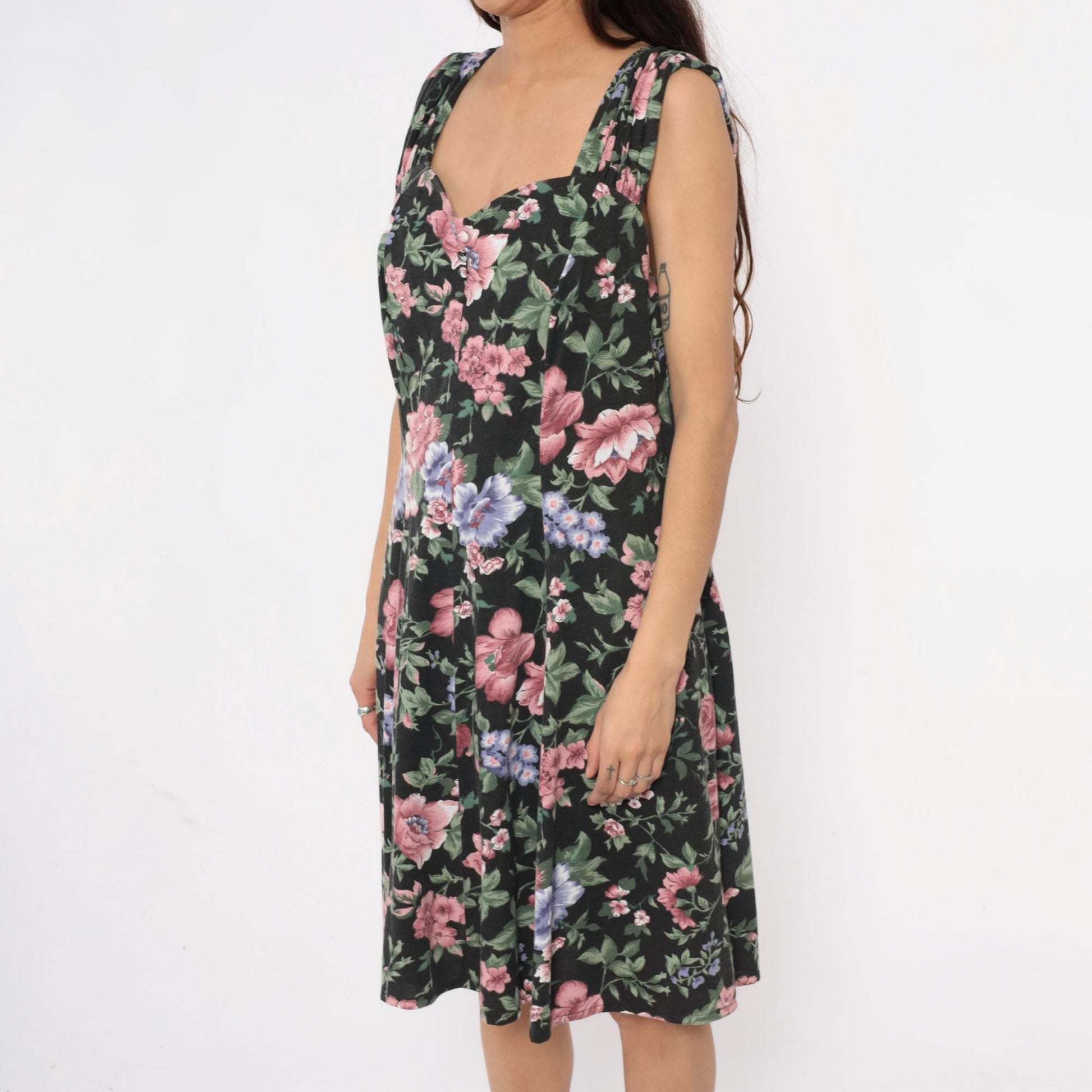 90s Floral Knee-Length Dress Black Pink Roses Blue Flowers Large L
